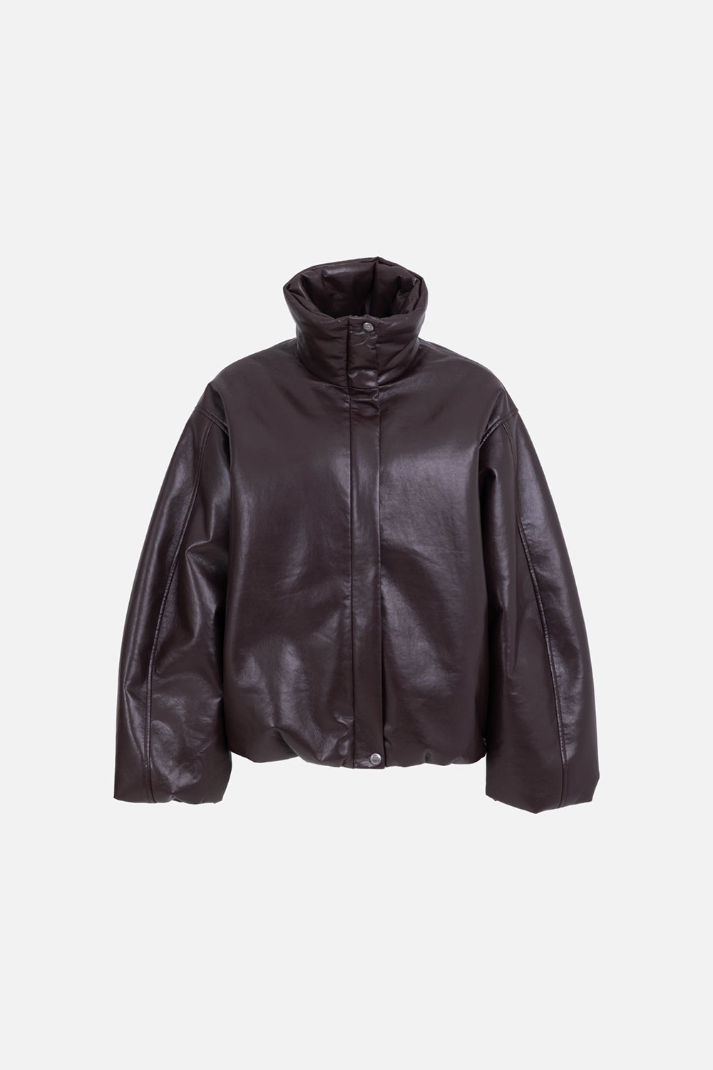 ANINE BING womens jacket in deep brown, back view, glossy regenerated leather with cropped bubble shape