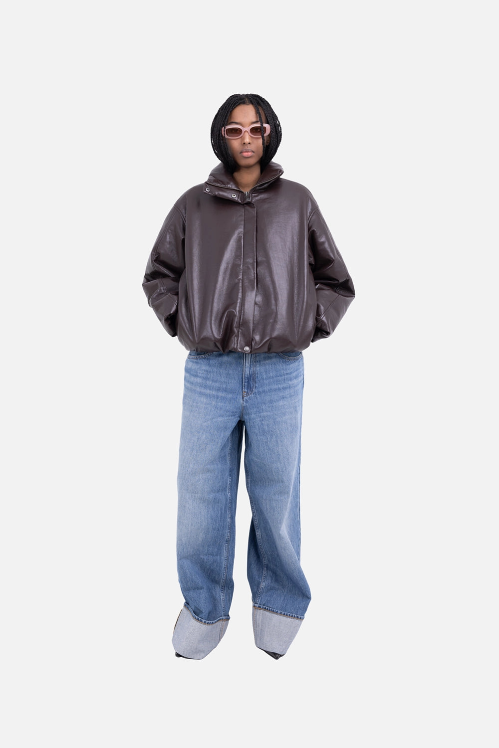 ANINE BING womens jacket in deep brown, on-model full length, relaxed cropped fit with padded sleeves