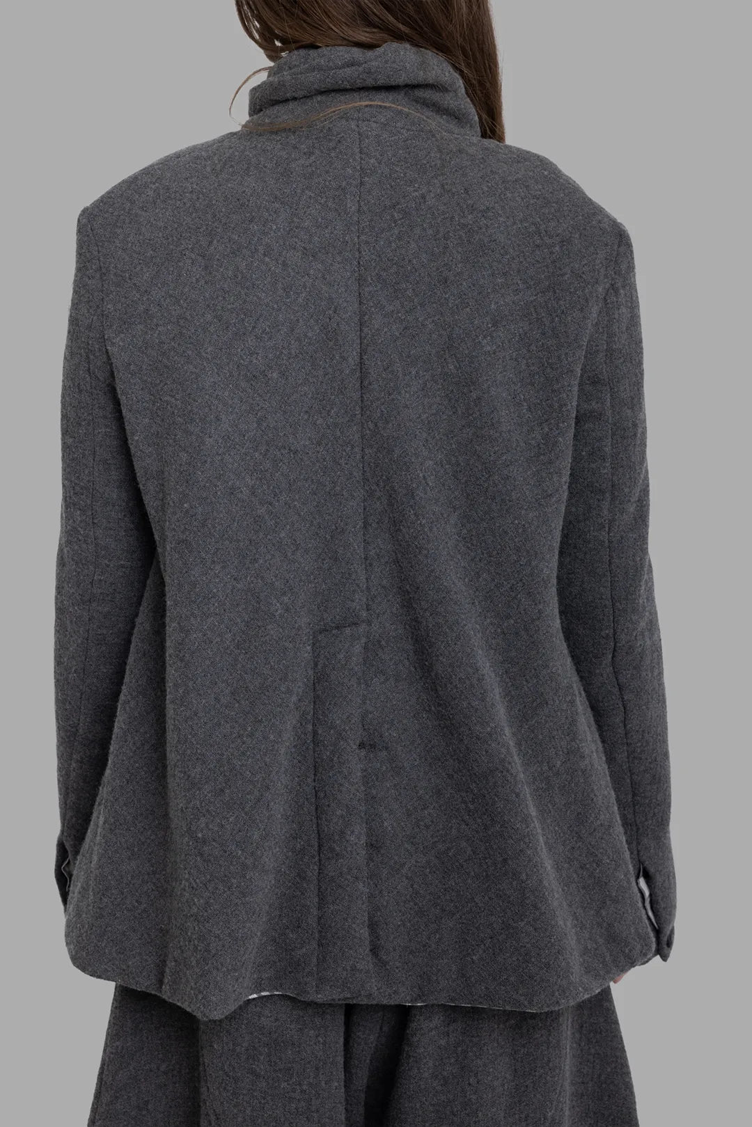 Marc Point women's grey jacket, back view, relaxed A-line shape with soft drape.