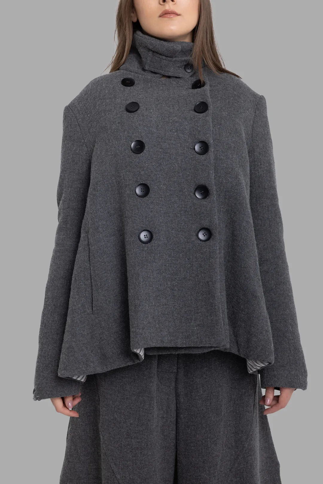 Marc Point women's grey jacket, front view, high collar and tonal double-breasted button closure.