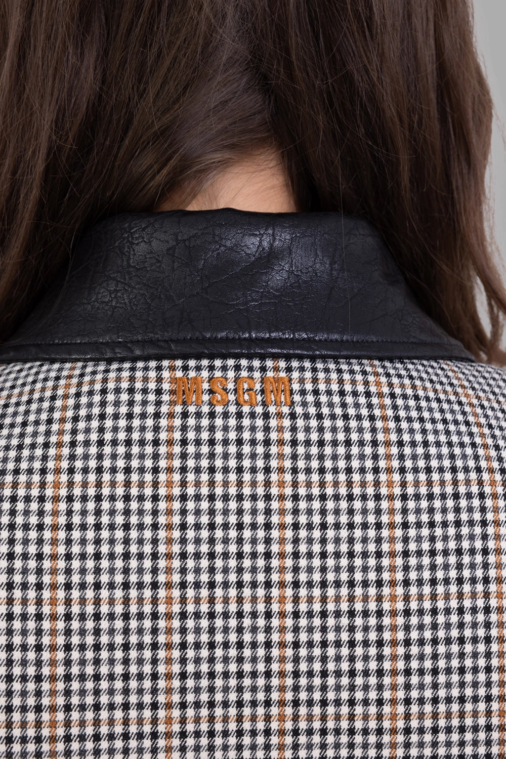 MSGM women jacket in ivory micro-check, back view, logo embroidery at yoke and black piping
