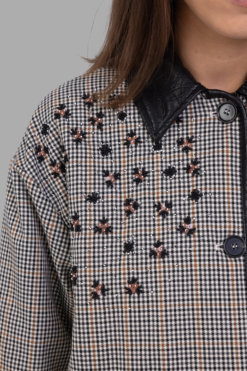 MSGM women jacket in ivory micro-check, front view, floral bead embroidery and button front
