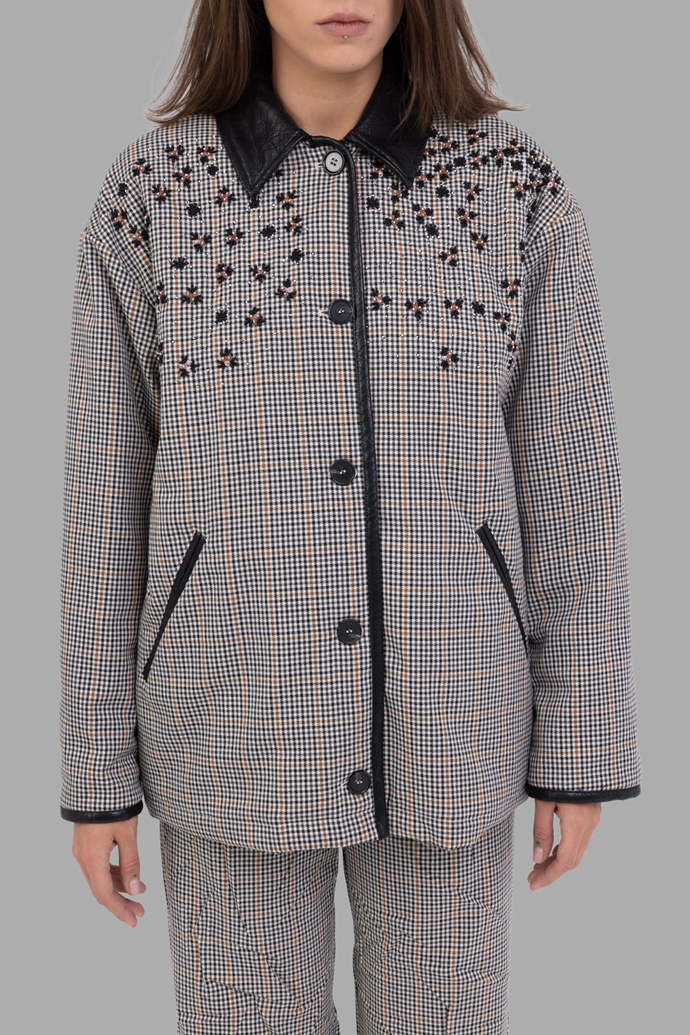 MSGM women jacket in ivory micro-check, on-model full length, faux-leather collar and piped welt pockets
