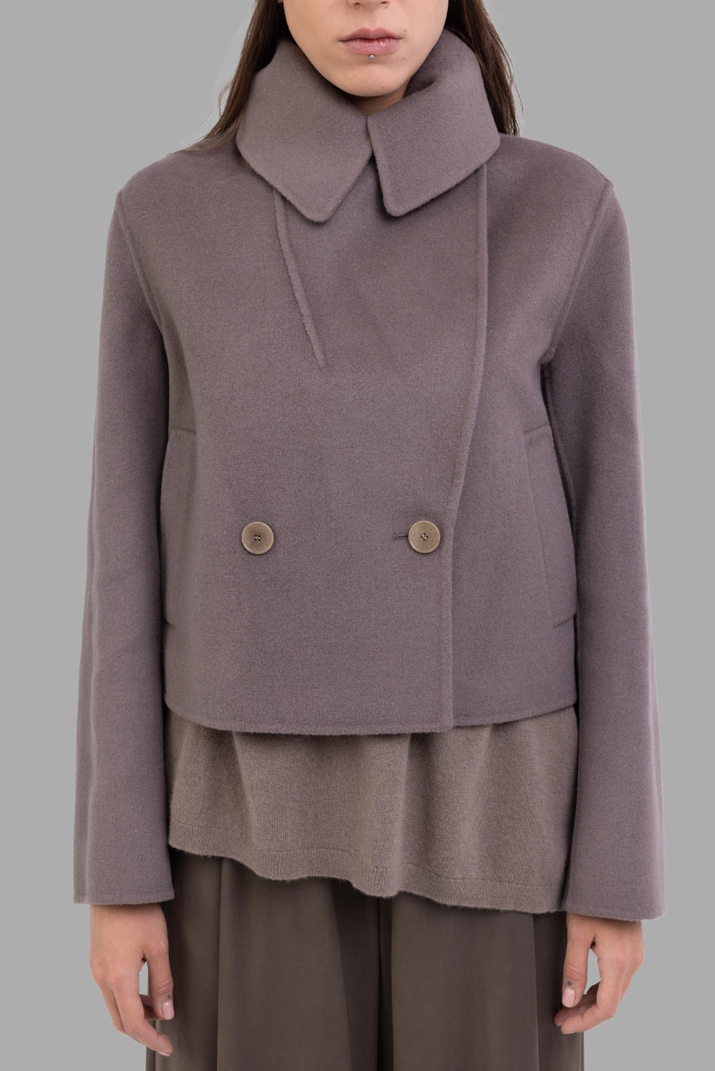 Joseph women’s jacket in mushroom, front view, oversize collar, double-breasted with two large buttons