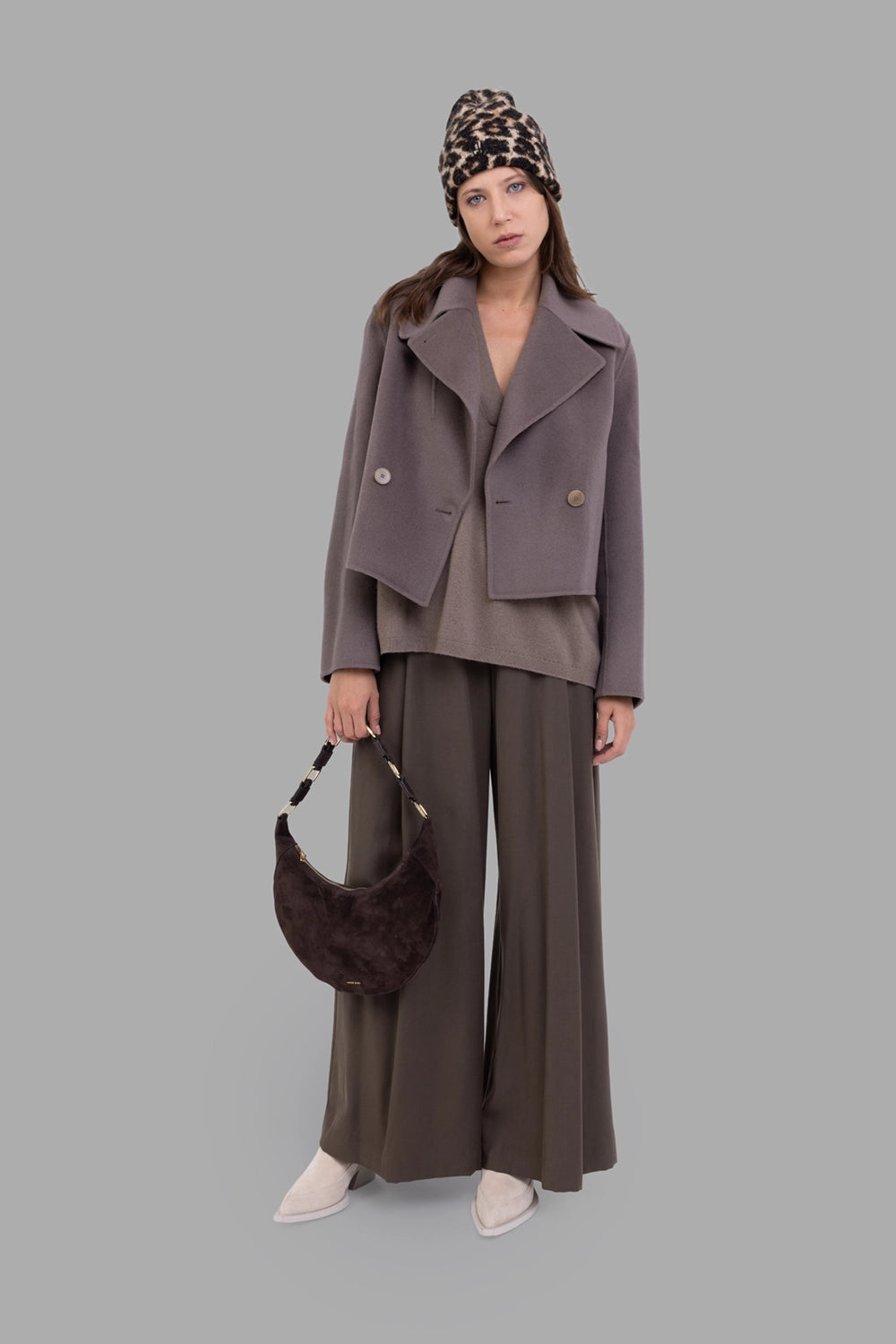 Joseph women’s double-face wool-cashmere jacket in mushroom, on-model full length, wide lapels and double-breasted buttons