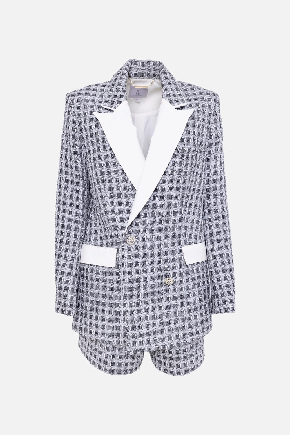 Pre-owned Ralph & Russo women’s jacket and shorts set in black/white, front view, contrast lapels and jewel buttons