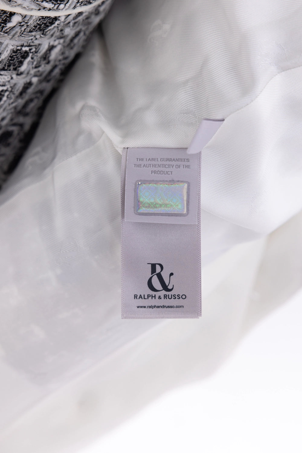 Pre-owned Ralph & Russo women’s jacket and shorts set in black/white, interior label view, Ralph & Russo authenticity tag