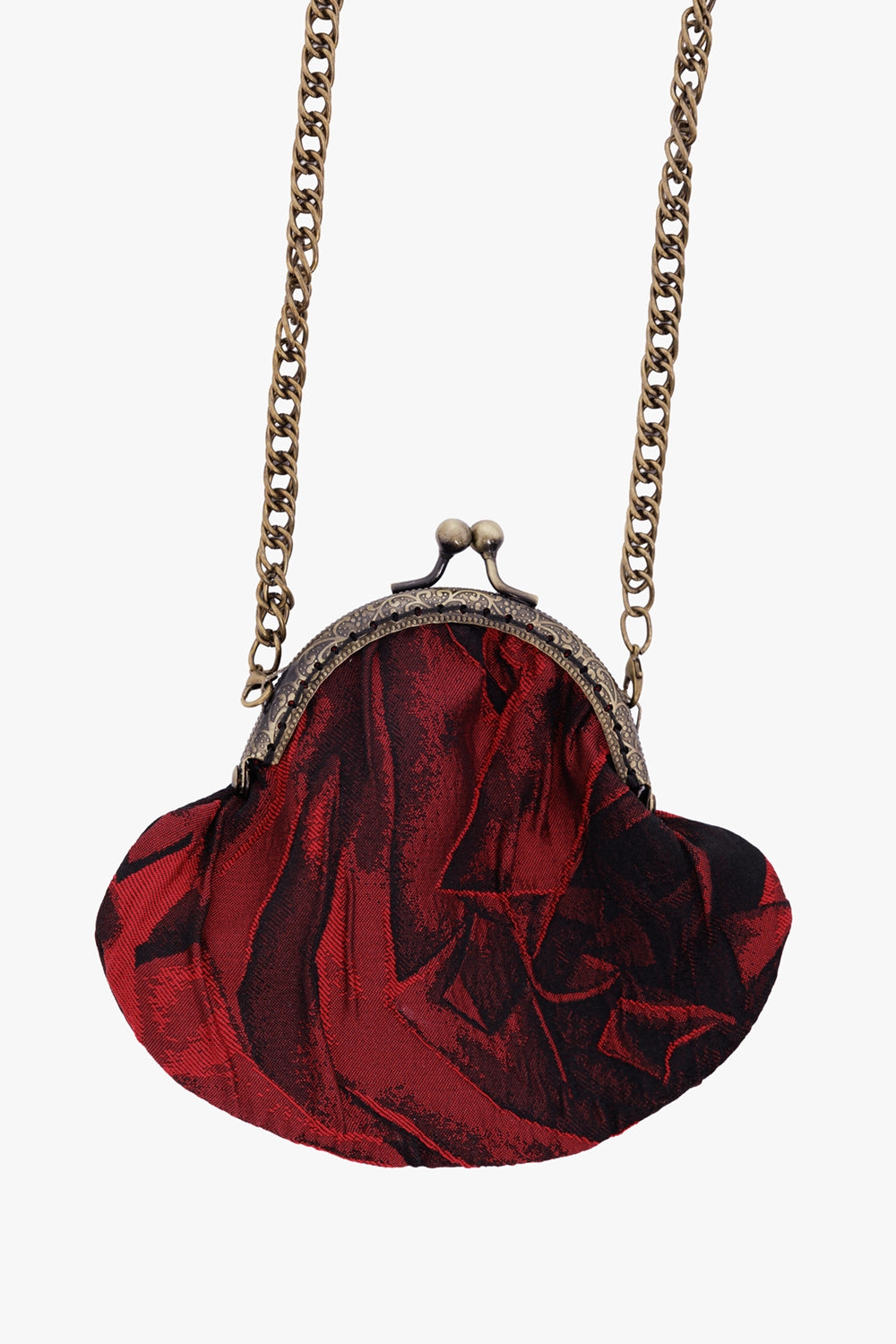 Marc Point Venezia jacquard bag in red and black, front view with engraved kiss-lock frame and chain strap