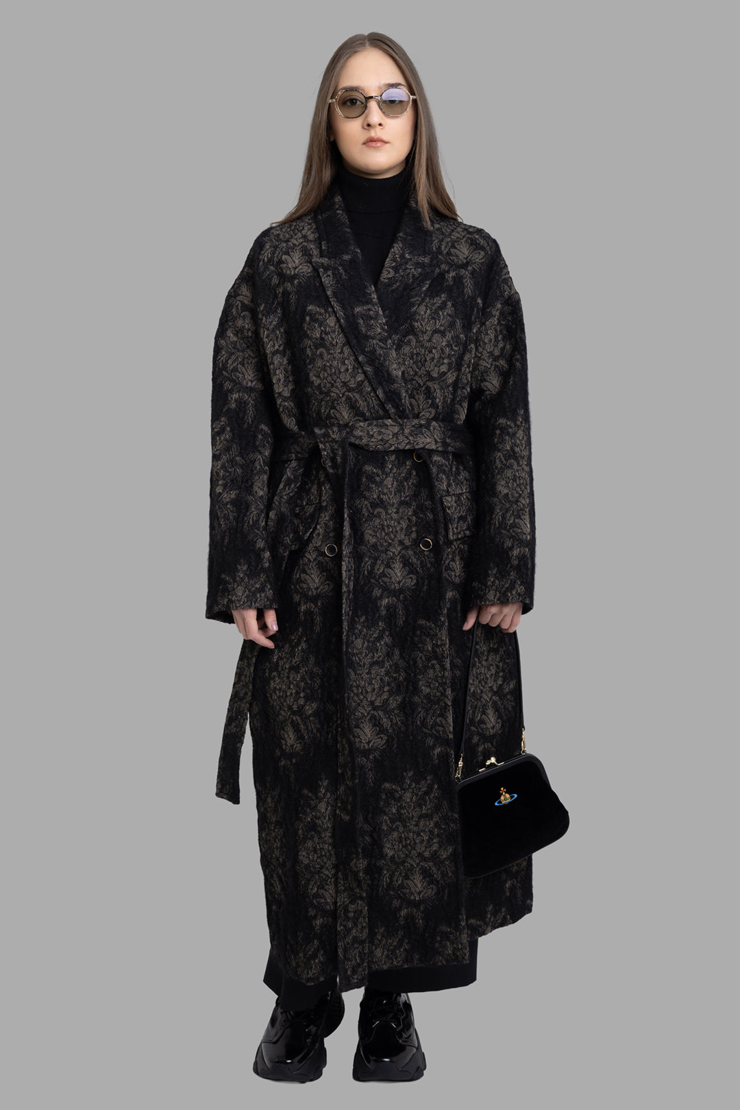 Uma Wang women's black tan jacquard Cicero coat, full-length front view with self-tie belt and wide lapels.
