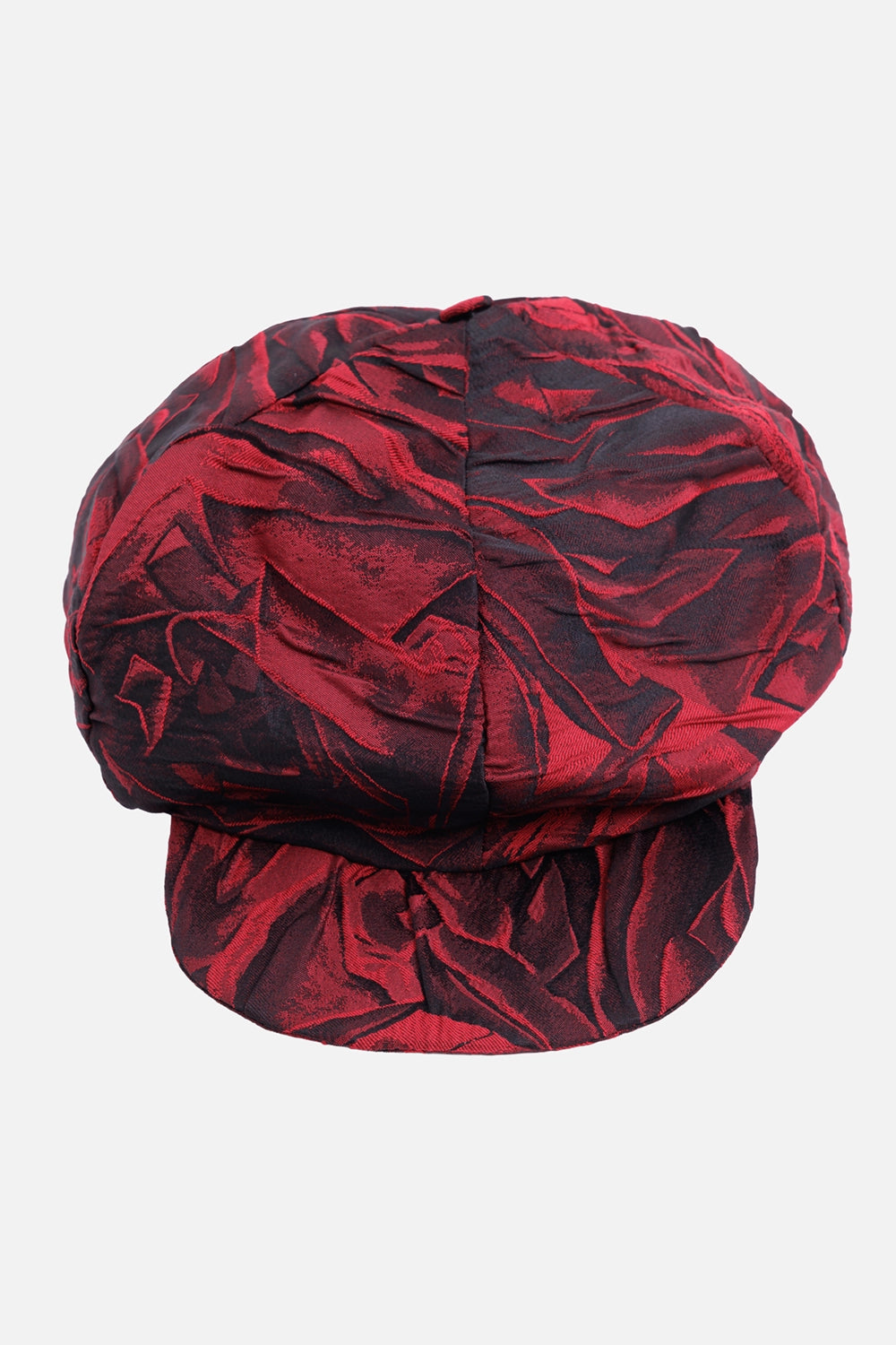 Marc Point Venezia newsboy cap in red and black, front view with full jacquard crown and curved peak