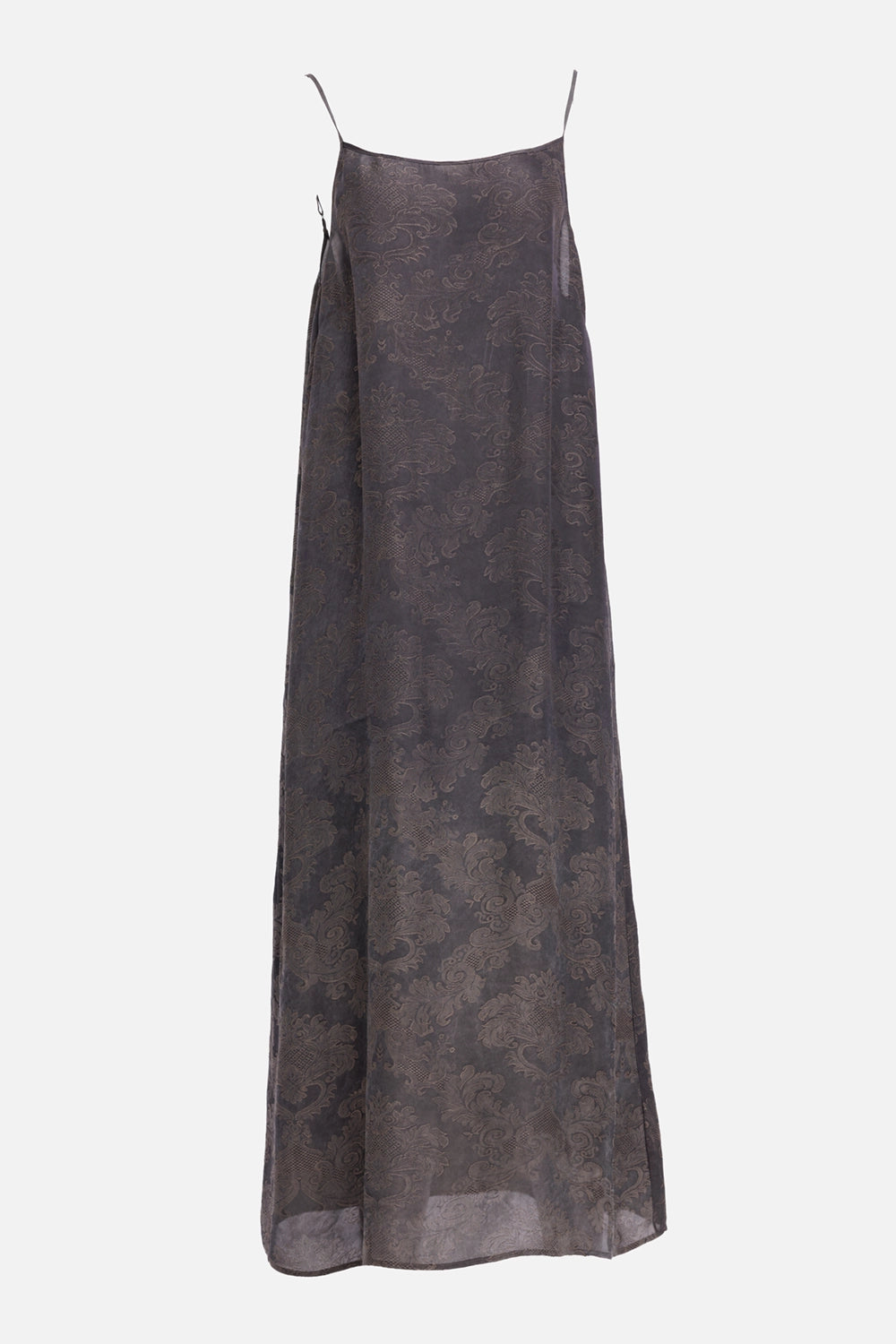 Uma Wang women's maxi dress in dark ombre, back view with deep scoop back, adjustable straps and tonal jacquard