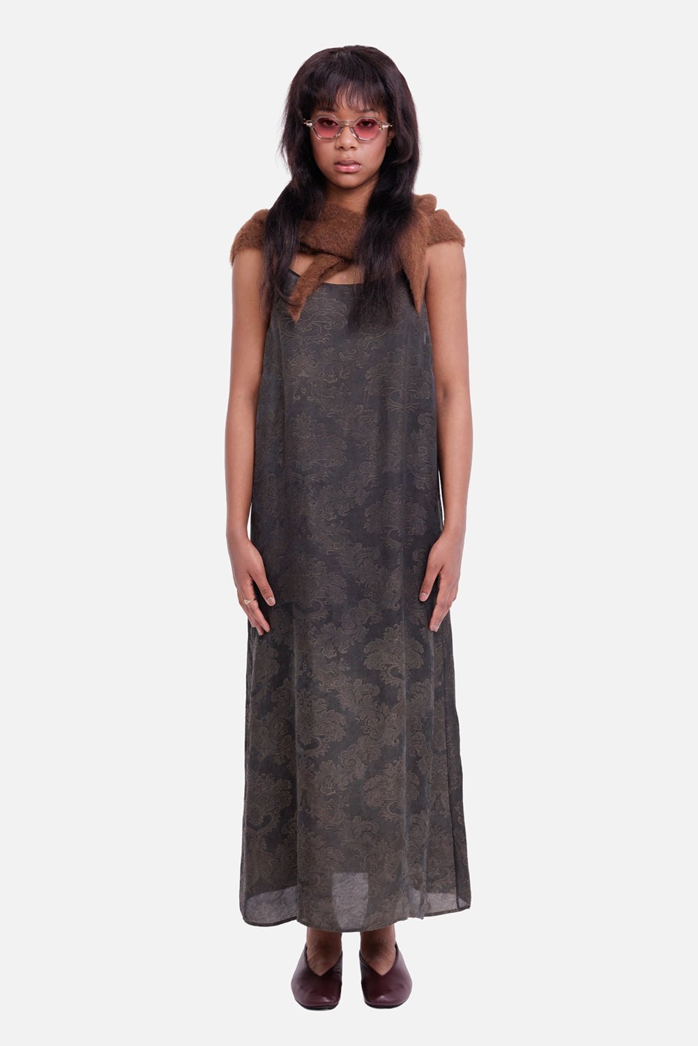 Uma Wang women's maxi dress in dark ombre, full-length model view with fluid A-line silhouette and jacquard pattern