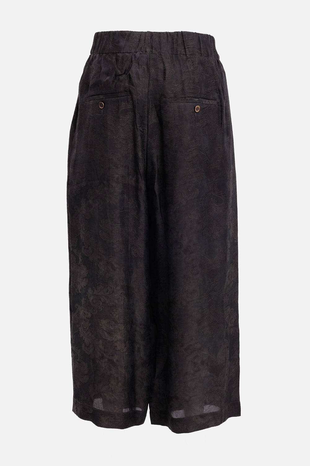 Uma Wang women's trousers in dark grey, back view with tonal jacquard and two buttoned welt pockets