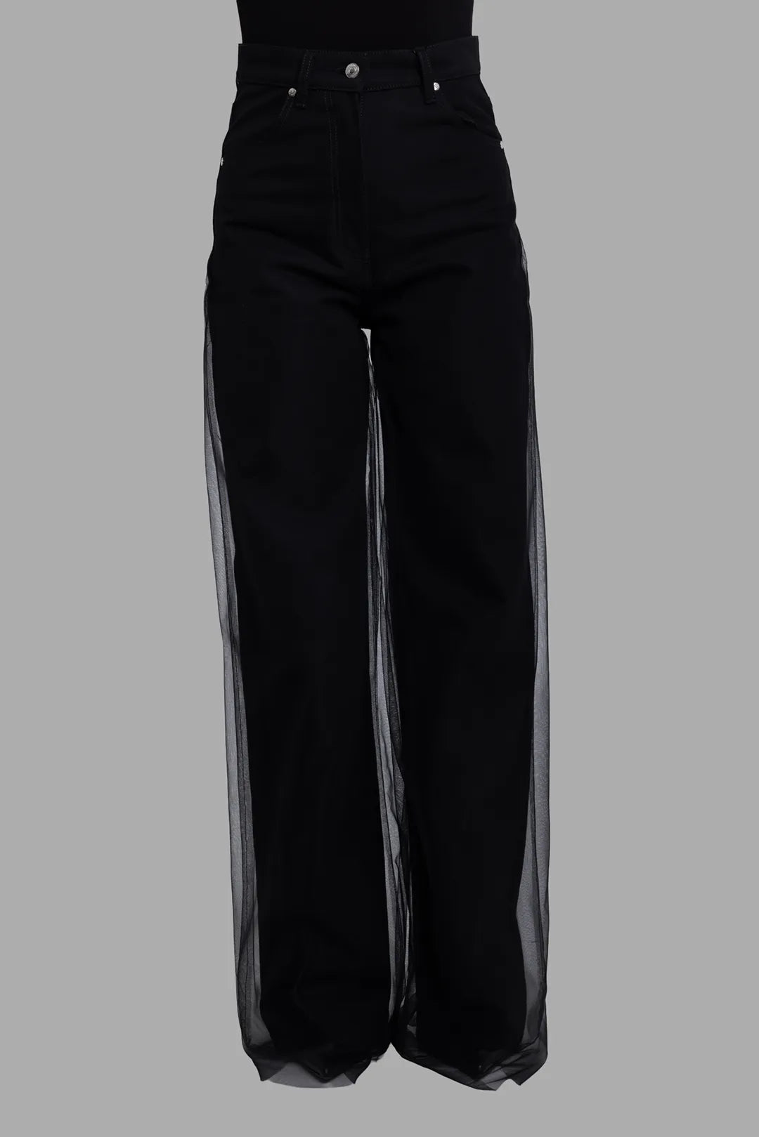 MSGM women's black denim jeans with tulle overlay, front view, high waist and straight wide leg.