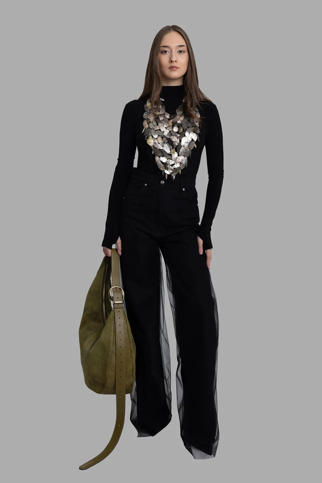 MSGM women's black denim jeans with tulle overlay, on-model full length, wide leg with sheer outer layer.