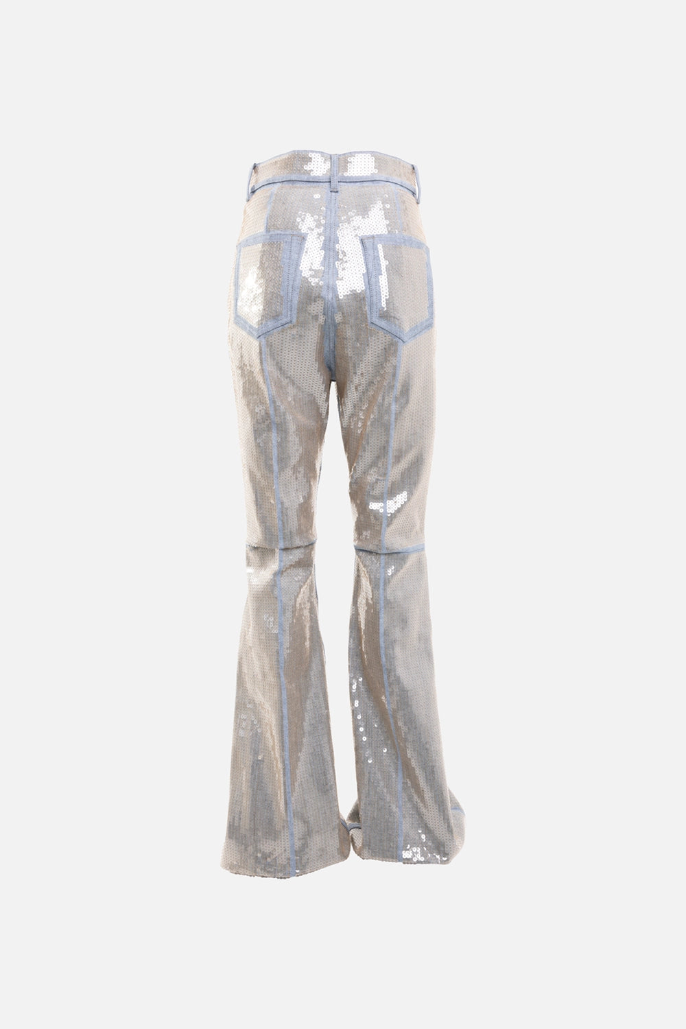 Rick Owens womens jeans in blue/sand, back view, patch pockets with contrast denim trim and sequin-covered flare