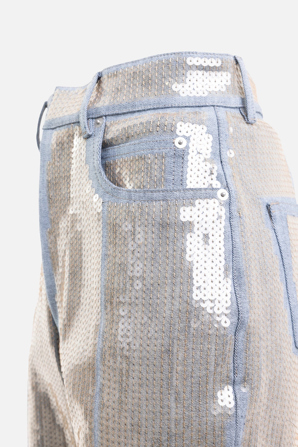 Rick Owens womens jeans in blue/sand, close-up view, silver sequins with contrast denim pocket trim and rivets