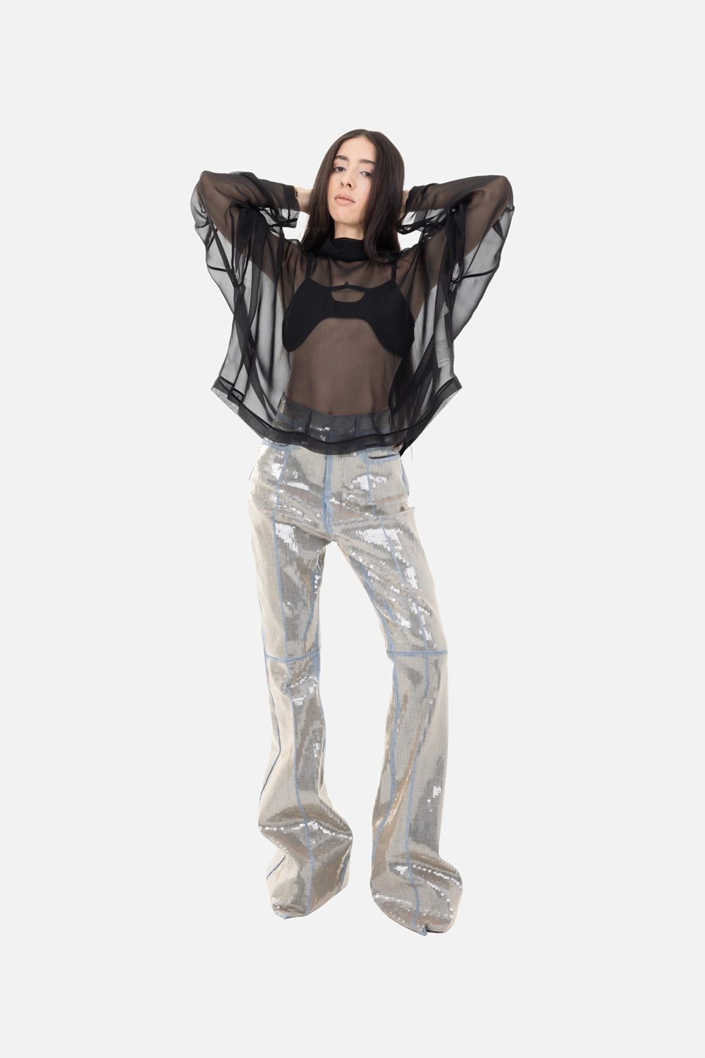 Rick Owens womens jeans in blue/sand, on-model full-length, high-rise fit with dramatic flared hem and all-over sequins