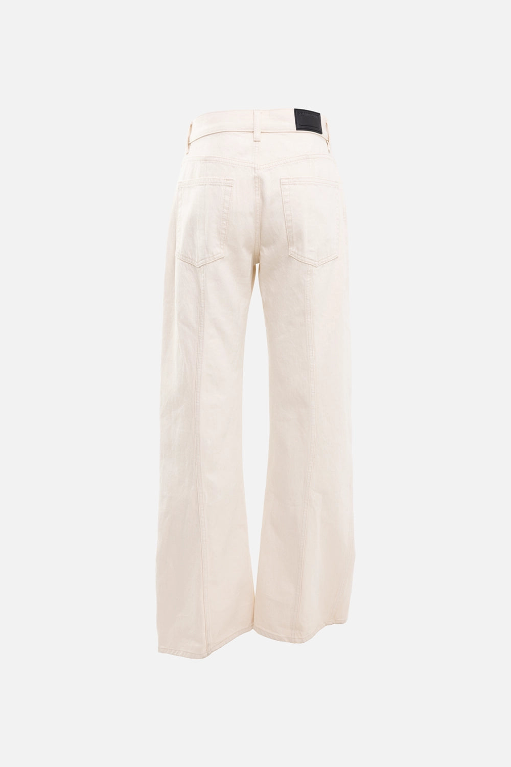 Helmut Lang women's jeans in ecru, back view, leather logo patch at waistband with back center-leg seams