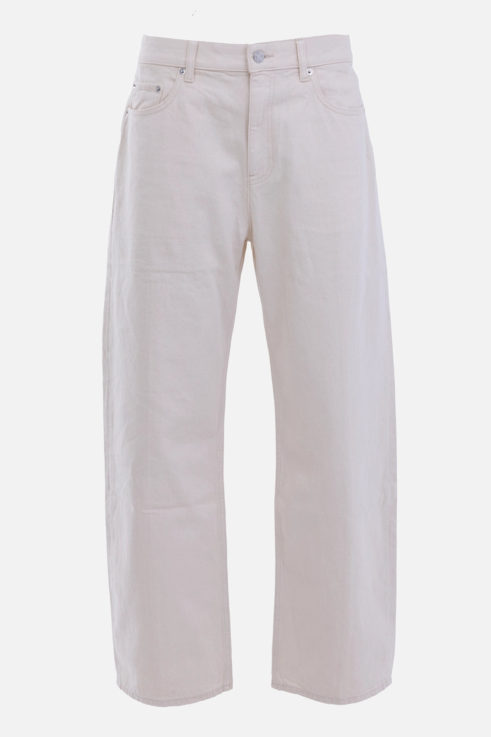 Helmut Lang men's ecru jeans, front view with five-pocket construction, belt loops and straight hem