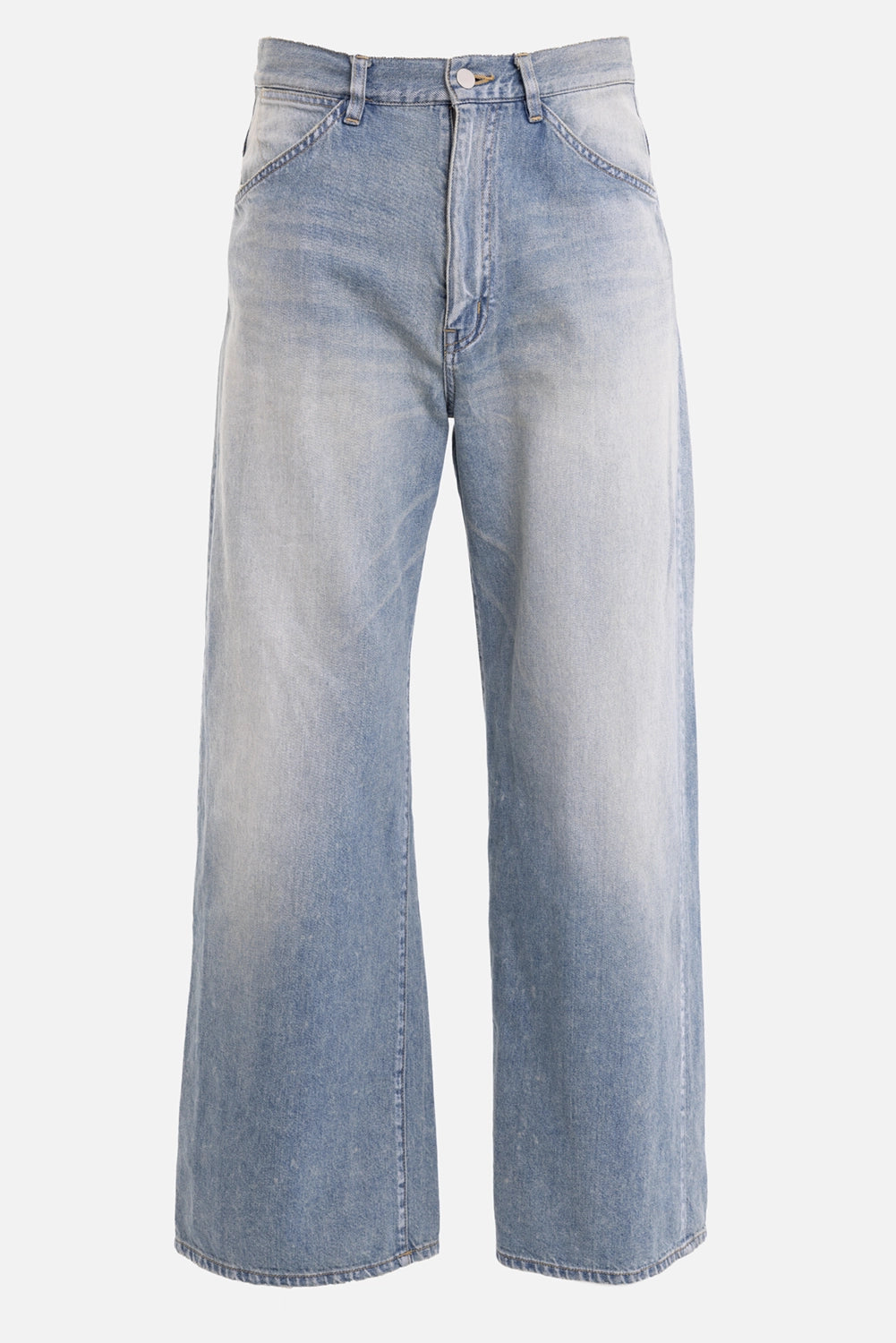 Attachment men's light blue jeans, front view, faded wash, wide leg and curved front pockets
