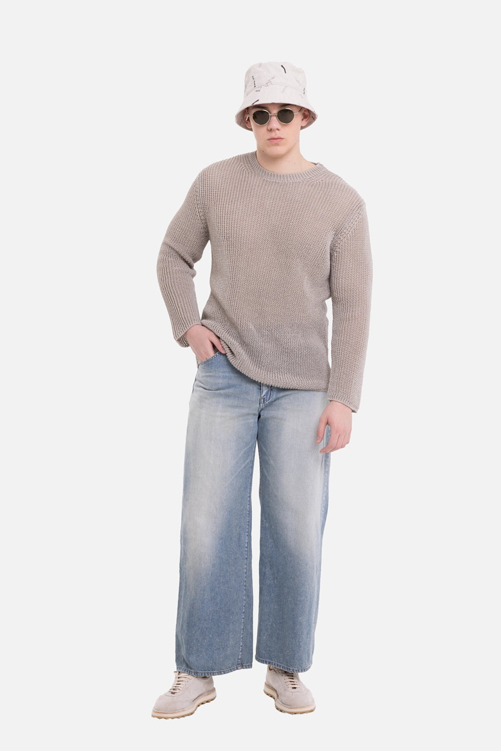 Attachment men's light blue jeans, on-model full-length view, faded wash and relaxed wide leg