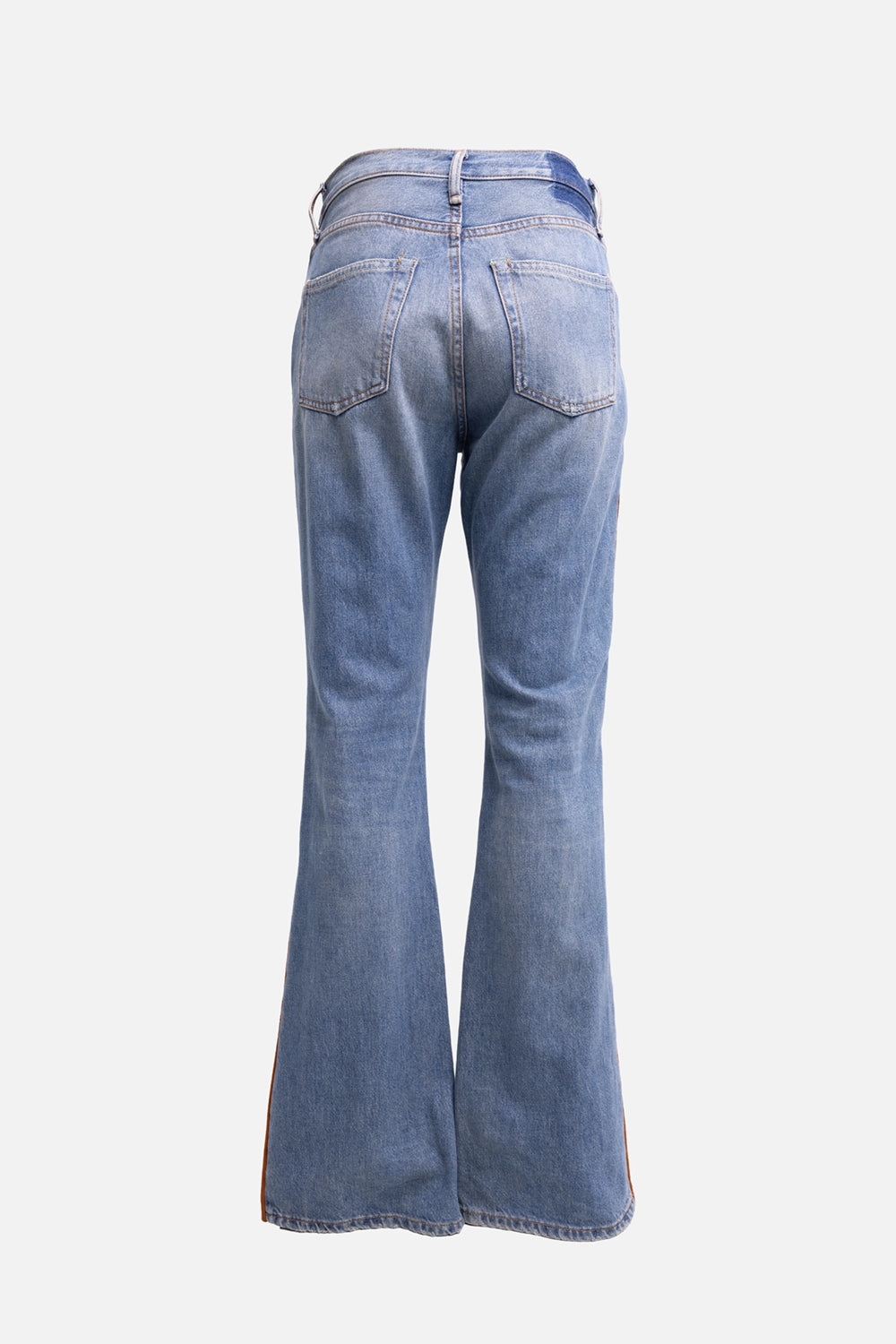 Pre-owned Acne Studios women's jeans in mid blue and brown, back view, two patch pockets and flared hem.
