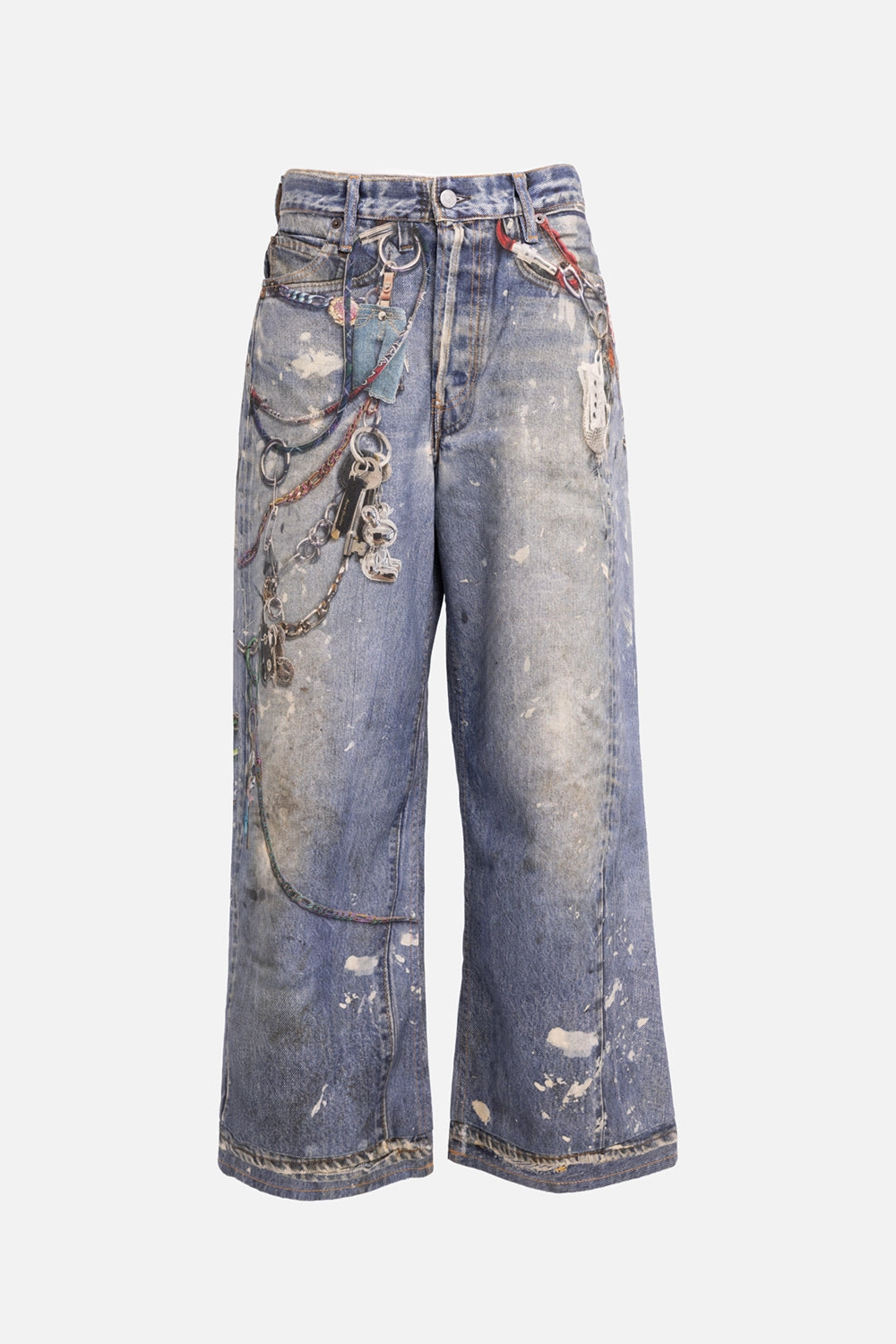 Acne Studios women's pre-owned jeans in mid blue, front view held up, keychain-print graphic at hip