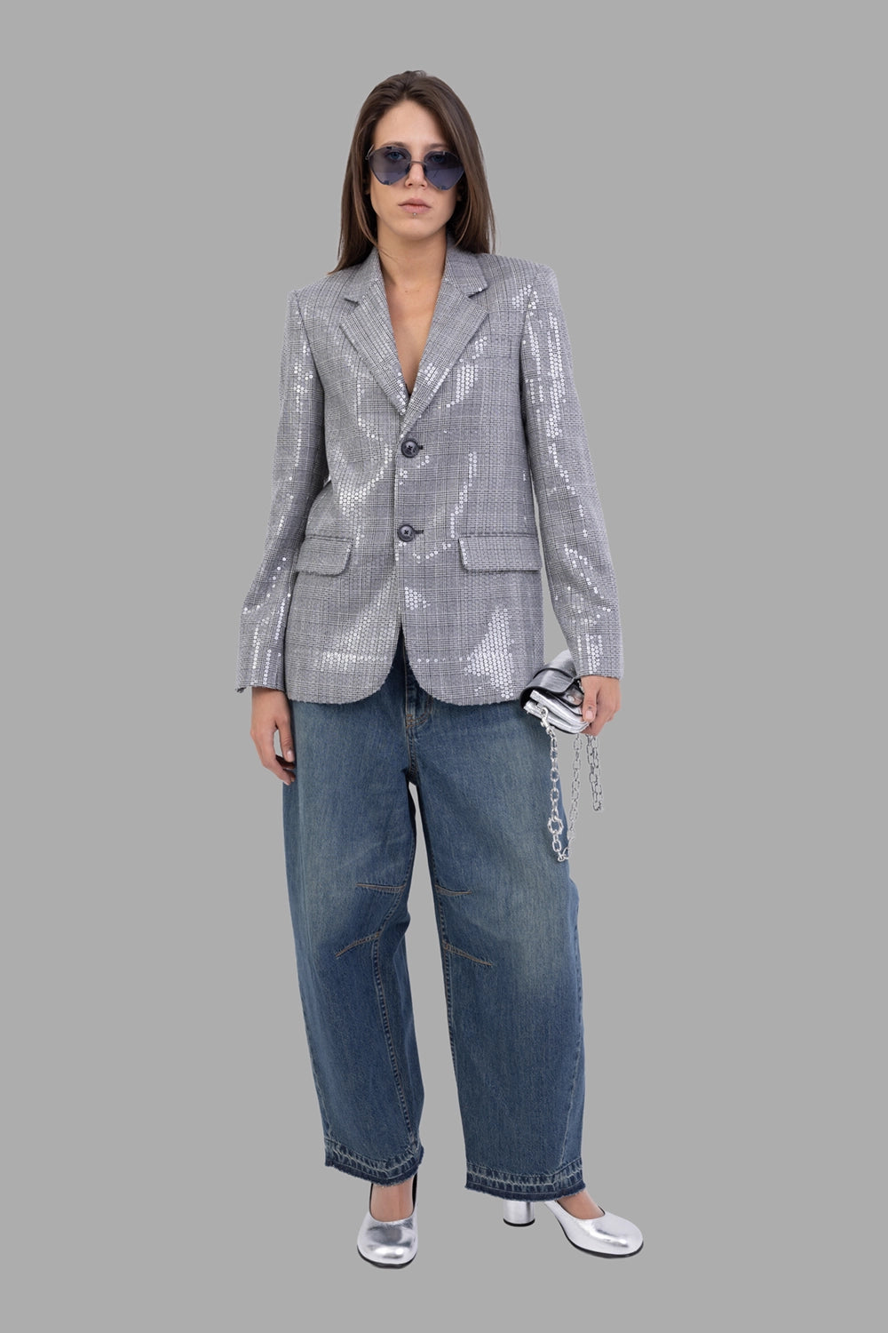 Helmut Lang women cocoon jeans in Tinted Vintage, on-model full length, barrel leg with darts and released hem.