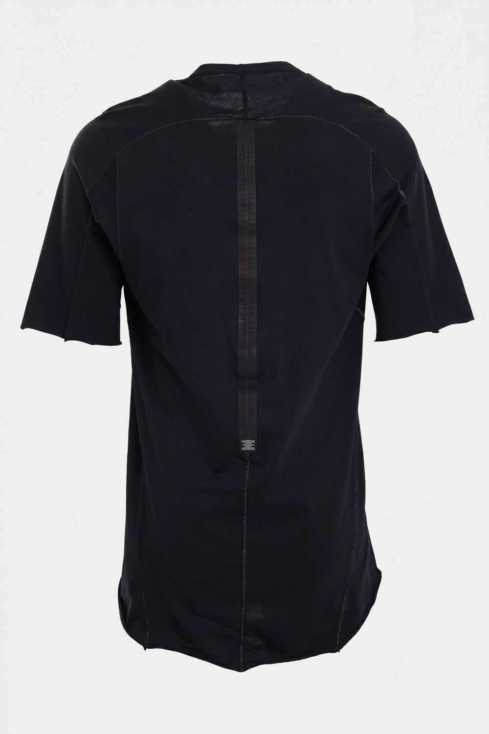 Givenchy men's jersey tape detail T-shirt in black, back view, vertical tape strip and exposed stitching