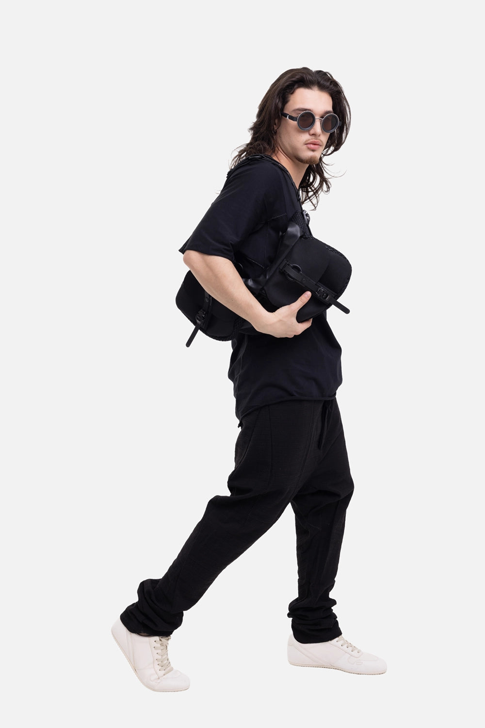 Givenchy men's jersey tape detail T-shirt in black, on-model full-length view, raw sleeve edge