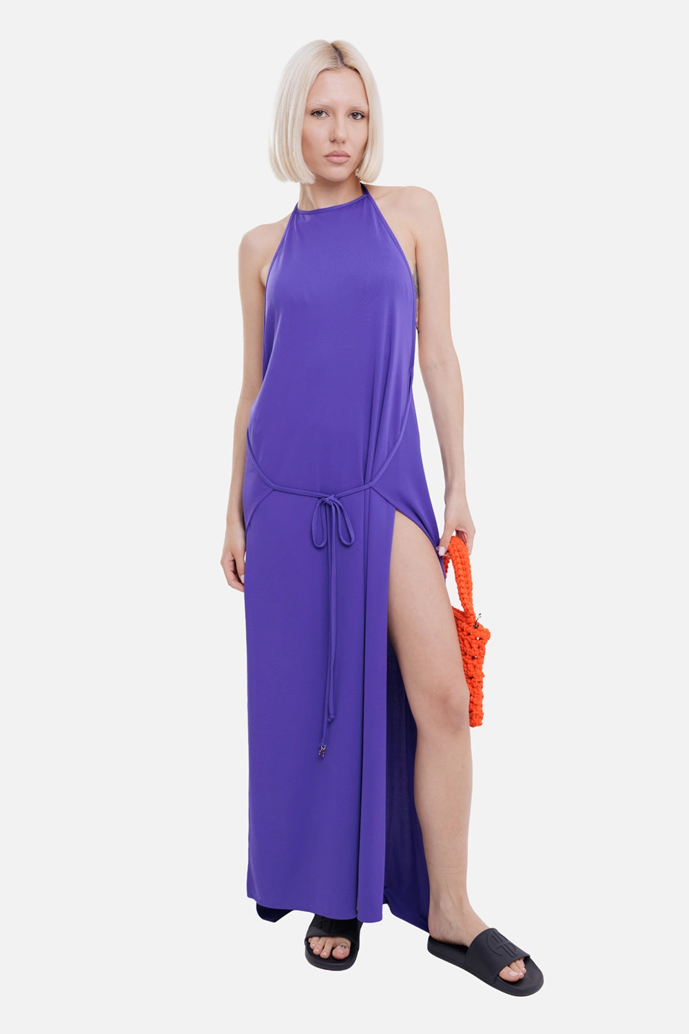 Fisico women jersey wrap maxi dress in Viola Persia, on-model full length, high side slit and tie belt
