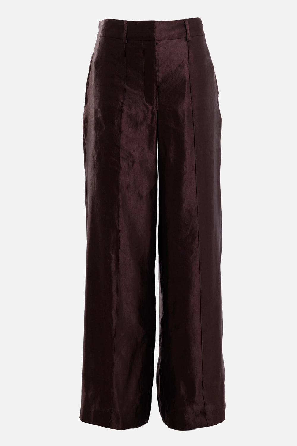 Joseph women's Jnane trousers in Patina brown, front view with belt loops, concealed fly and pressed creases