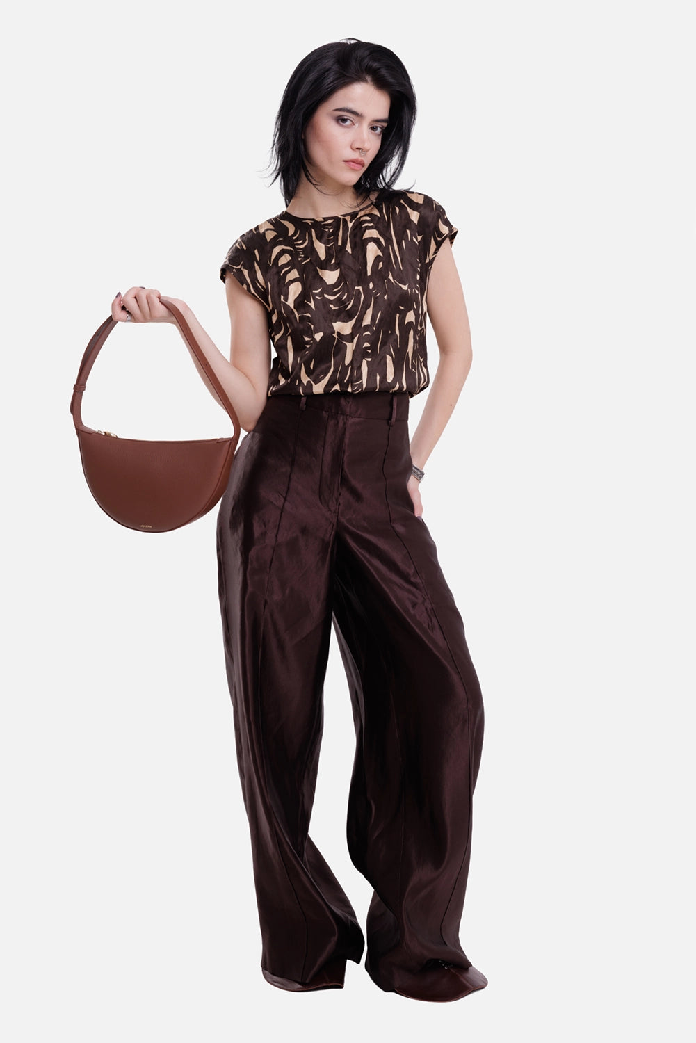 Joseph women's Jnane trousers in Patina brown, full-length model view with high-rise waist and fluid wide legs
