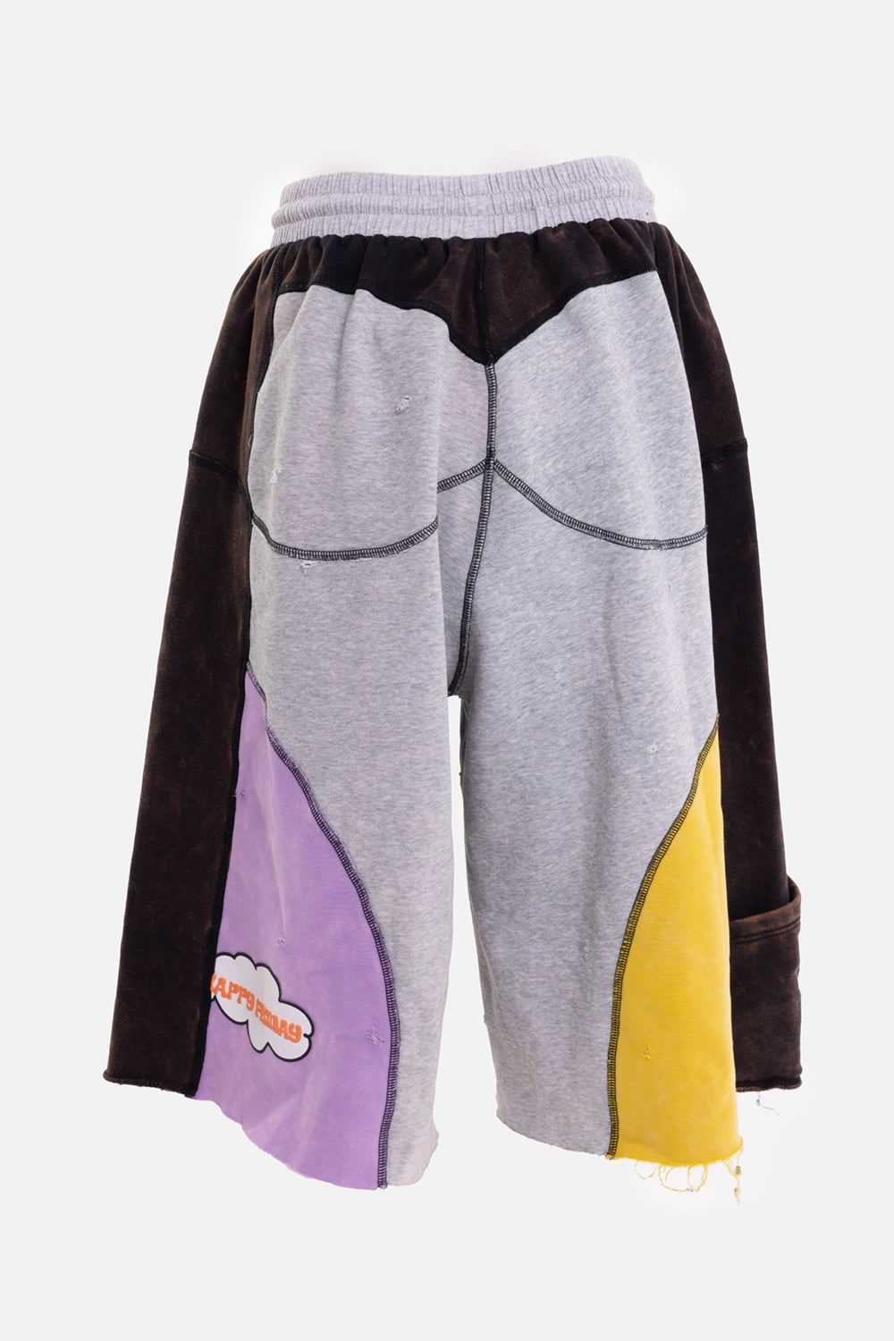 Natasha Zinko unisex jogger bermudas in multicolour, back view, patchwork panels and speech-bubble print