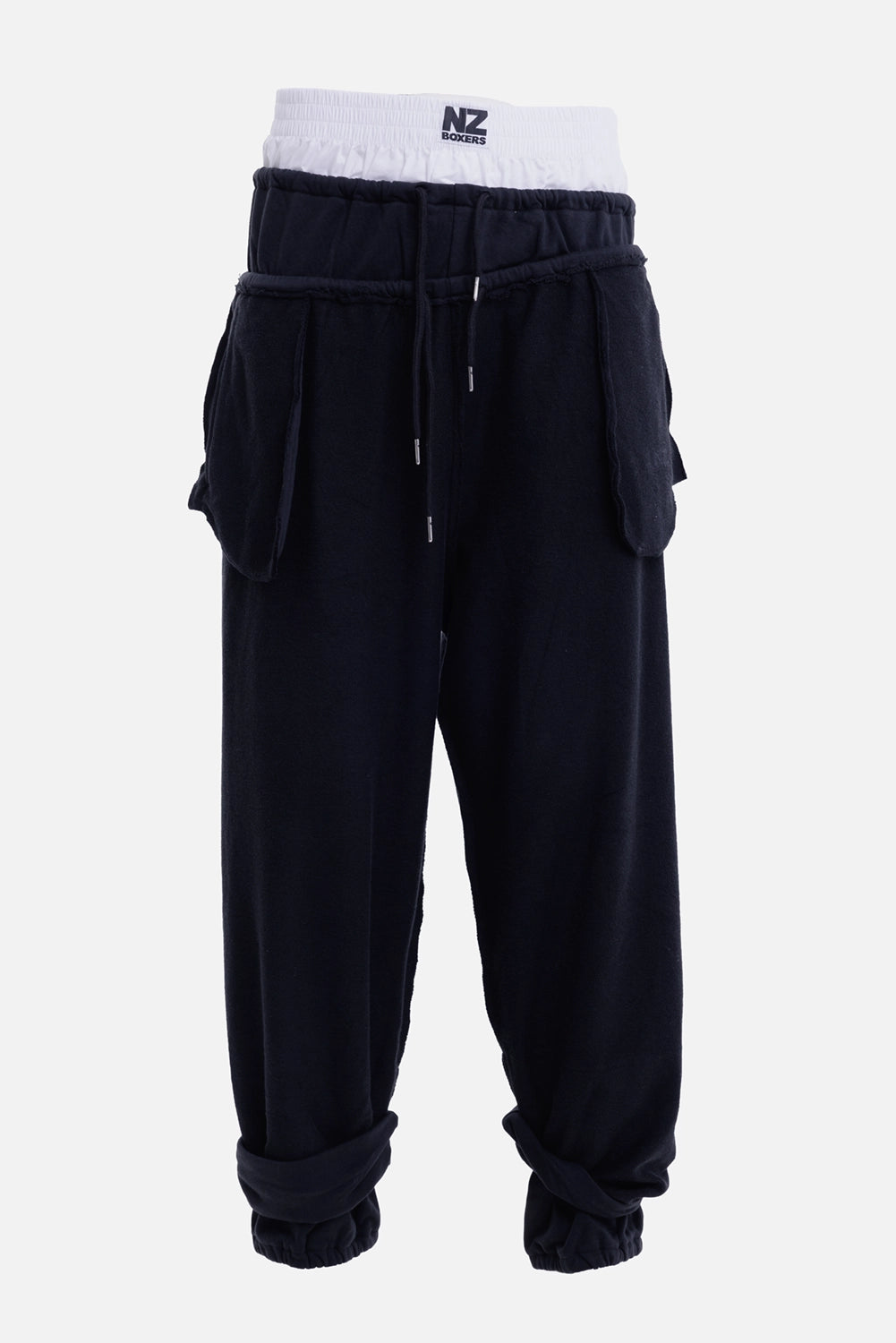 Natasha Zinko men's black joggers, front view with triple waist layers, drawcords and oversized pockets
