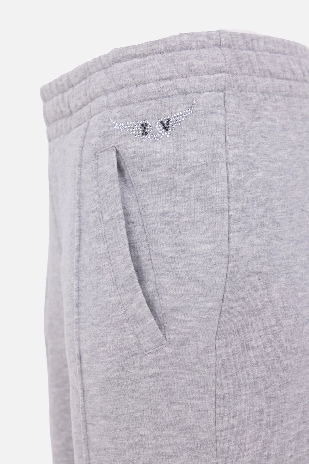 Zadig&Voltaire women joggers in light heather grey, pocket detail, rhinestone wing motif near side pocket