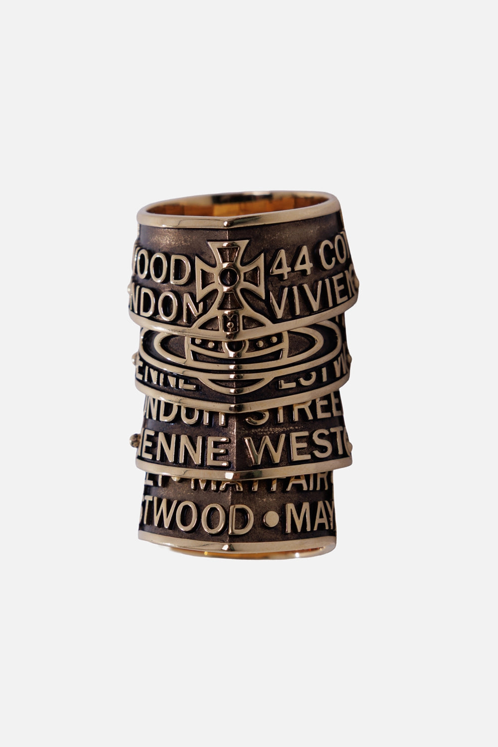 Vivienne Westwood unisex Josephus ring in antique gold, three-quarter view with patina and layered address bands