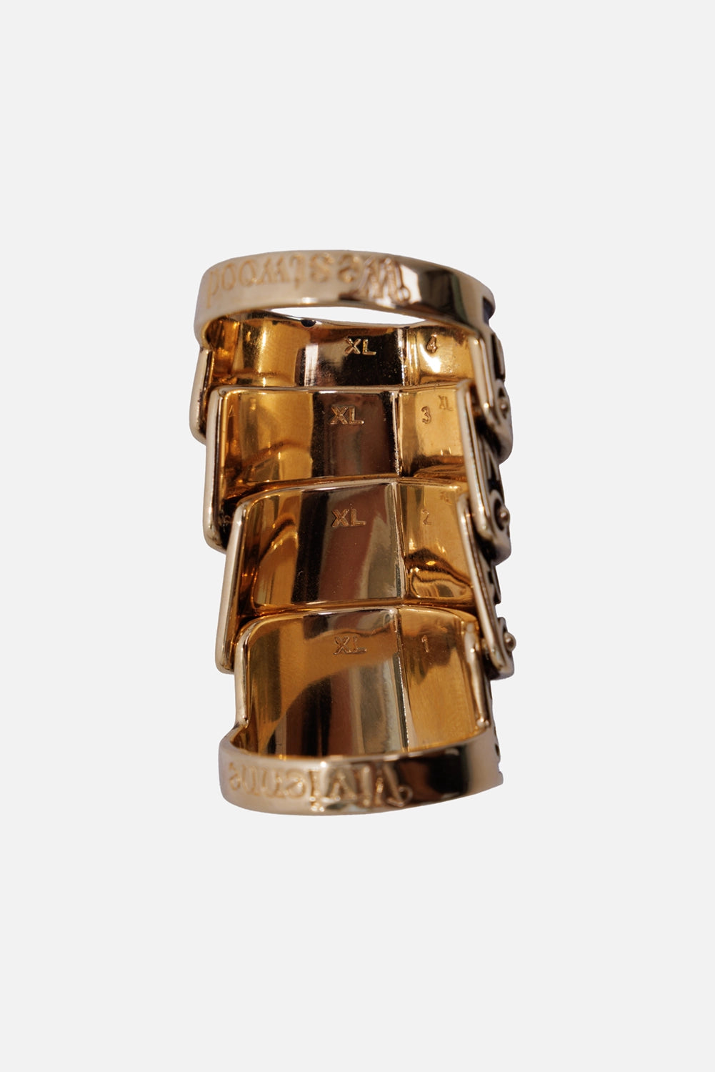 Vivienne Westwood unisex Josephus ring in antique gold, back view with four hinged bands and XL size stamps
