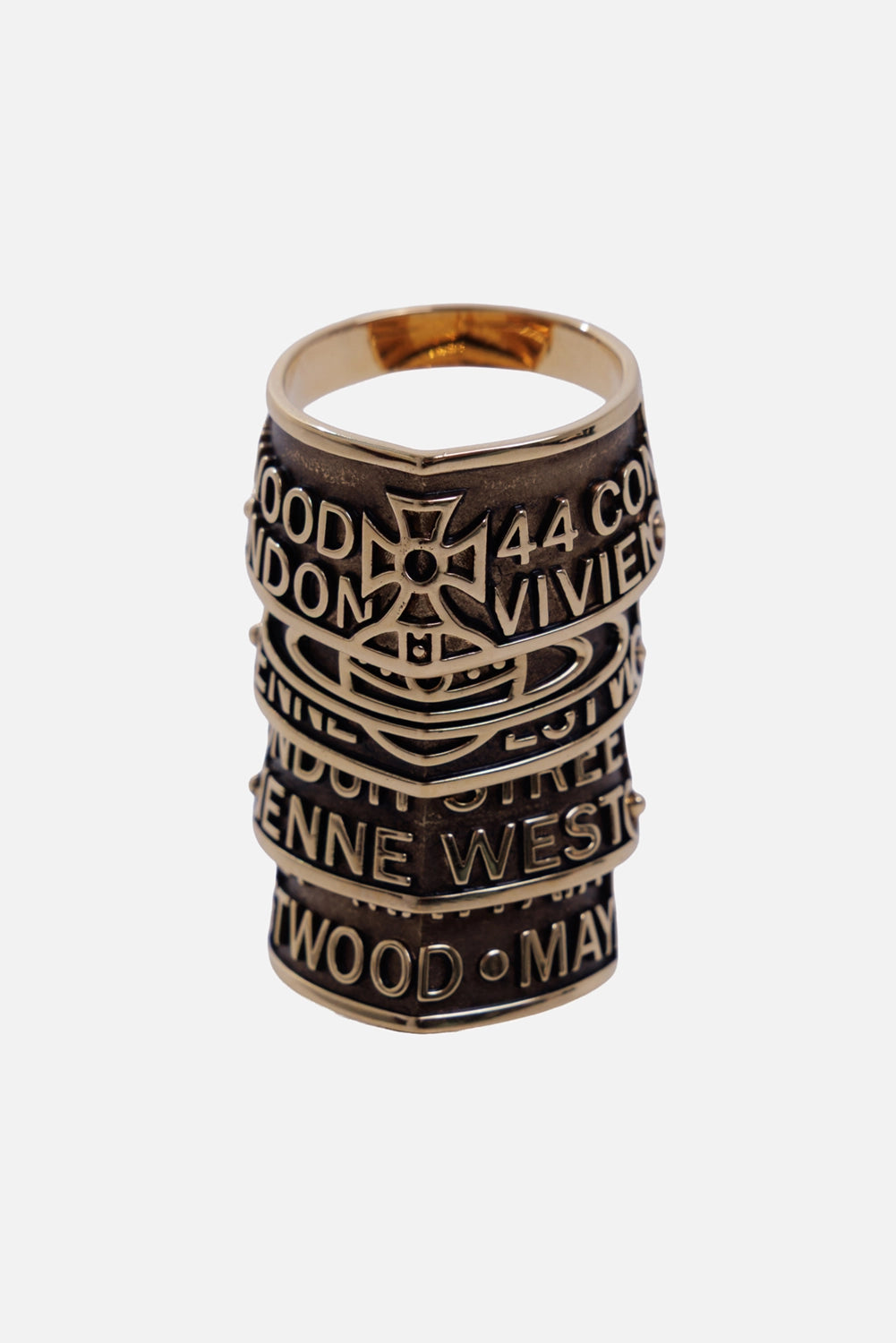 Vivienne Westwood unisex Josephus ring in antique gold, front view with raised address lettering and Orb motif
