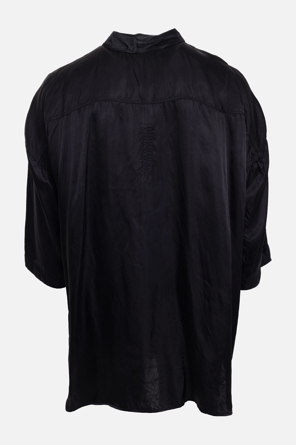 Rick Owens men's Jumbo Faun shirt in black, back view, curved yoke seam and glossy cupro satin