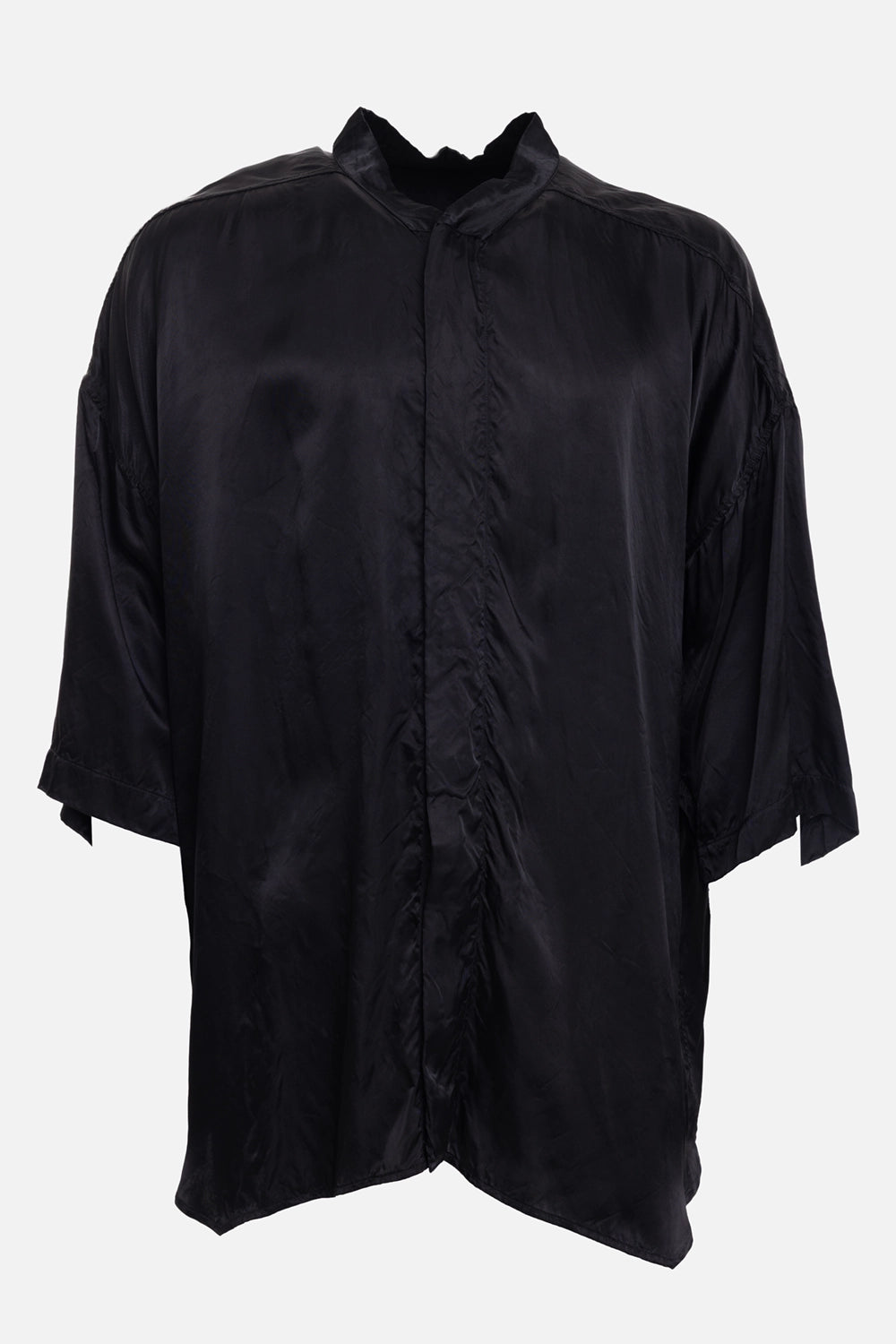 Rick Owens men's Jumbo Faun shirt in black, front view, concealed placket and fluid satin sheen