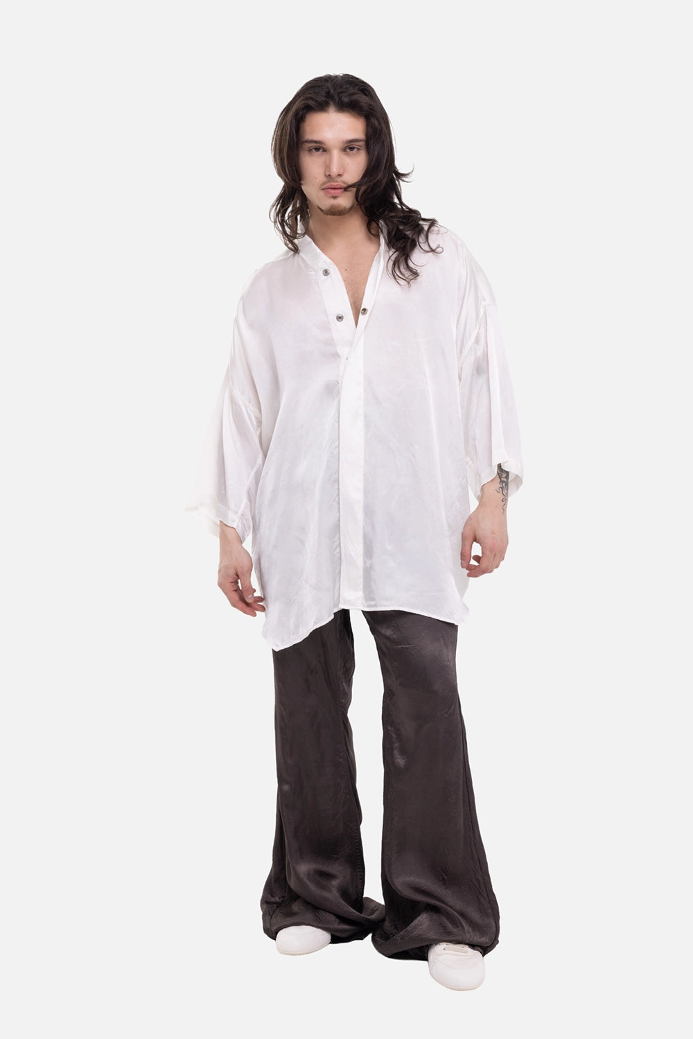 Rick Owens men's Jumbo Faun Shirt in Milk, on-model full-length with open snap placket and sheer elbow sleeves