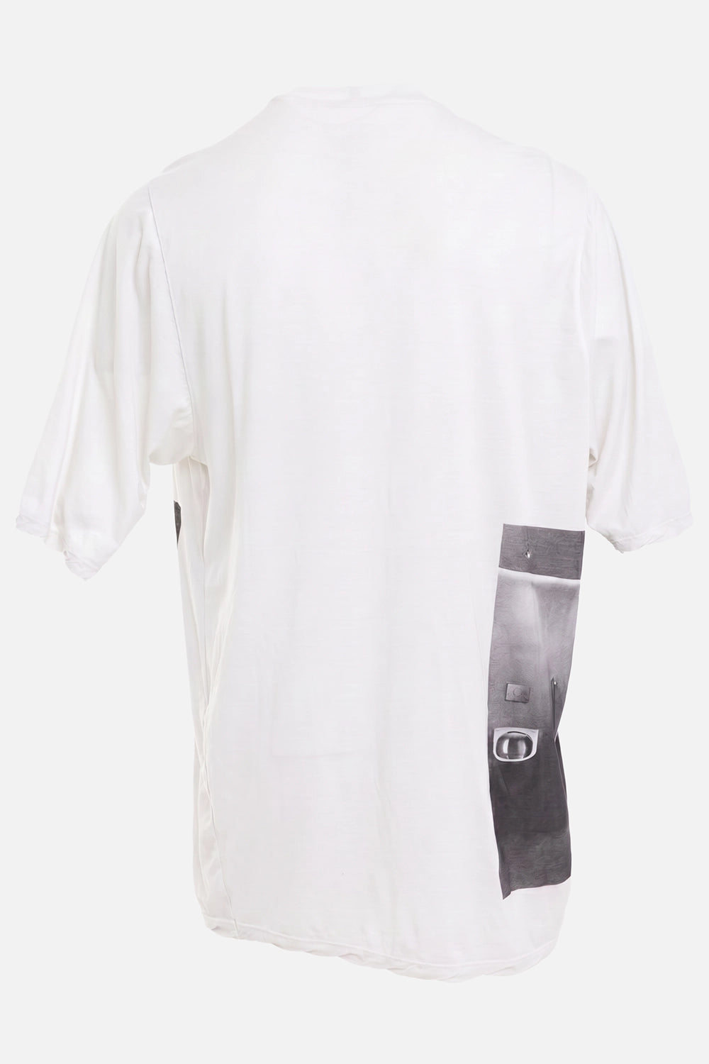 Rick Owens men's Jumbo Short-Sleeve T-Shirt in Milk Wash/Black, back view with side graphic panel and center seam