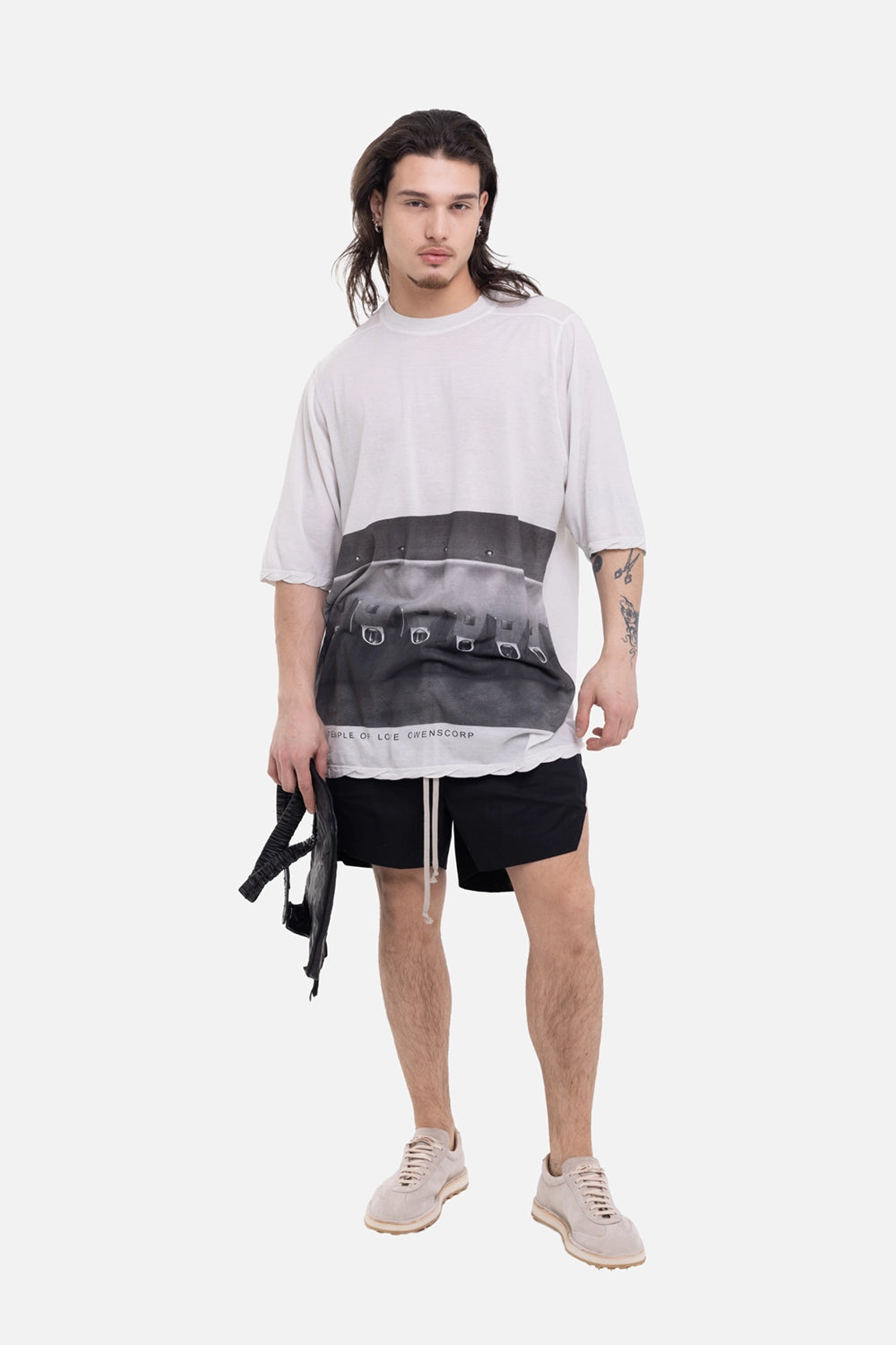 Rick Owens men's Jumbo Short-Sleeve T-Shirt in Milk Wash/Black, on-model full-length with oversized fit and elbow sleeves