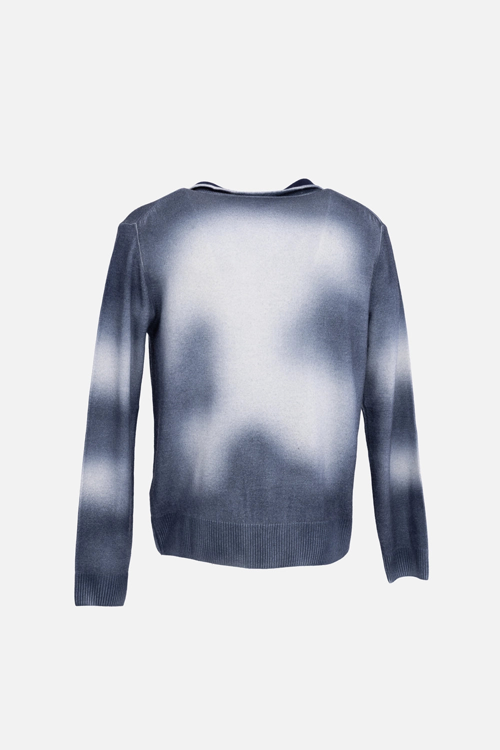 Vivienne Westwood men’s jumper in blue/white, back view, spray-effect gradient with rib-knit hem