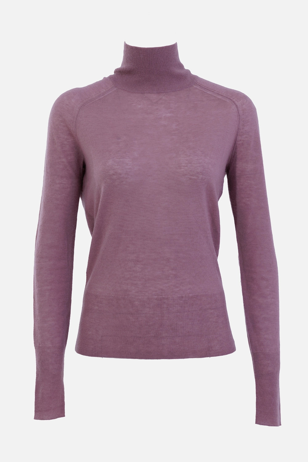Joseph women's cashmere jumper in Lilac, front view, semi-sheer knit with ribbed high neck