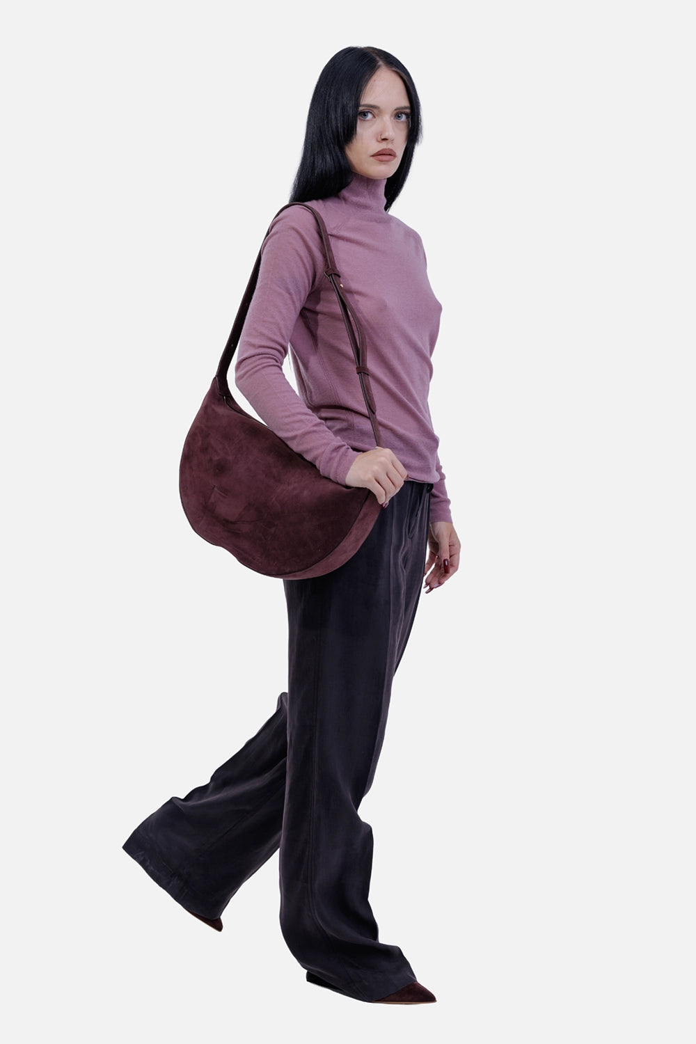 Joseph women's cashmere jumper in Lilac, full-length model view, slim fit and high neck
