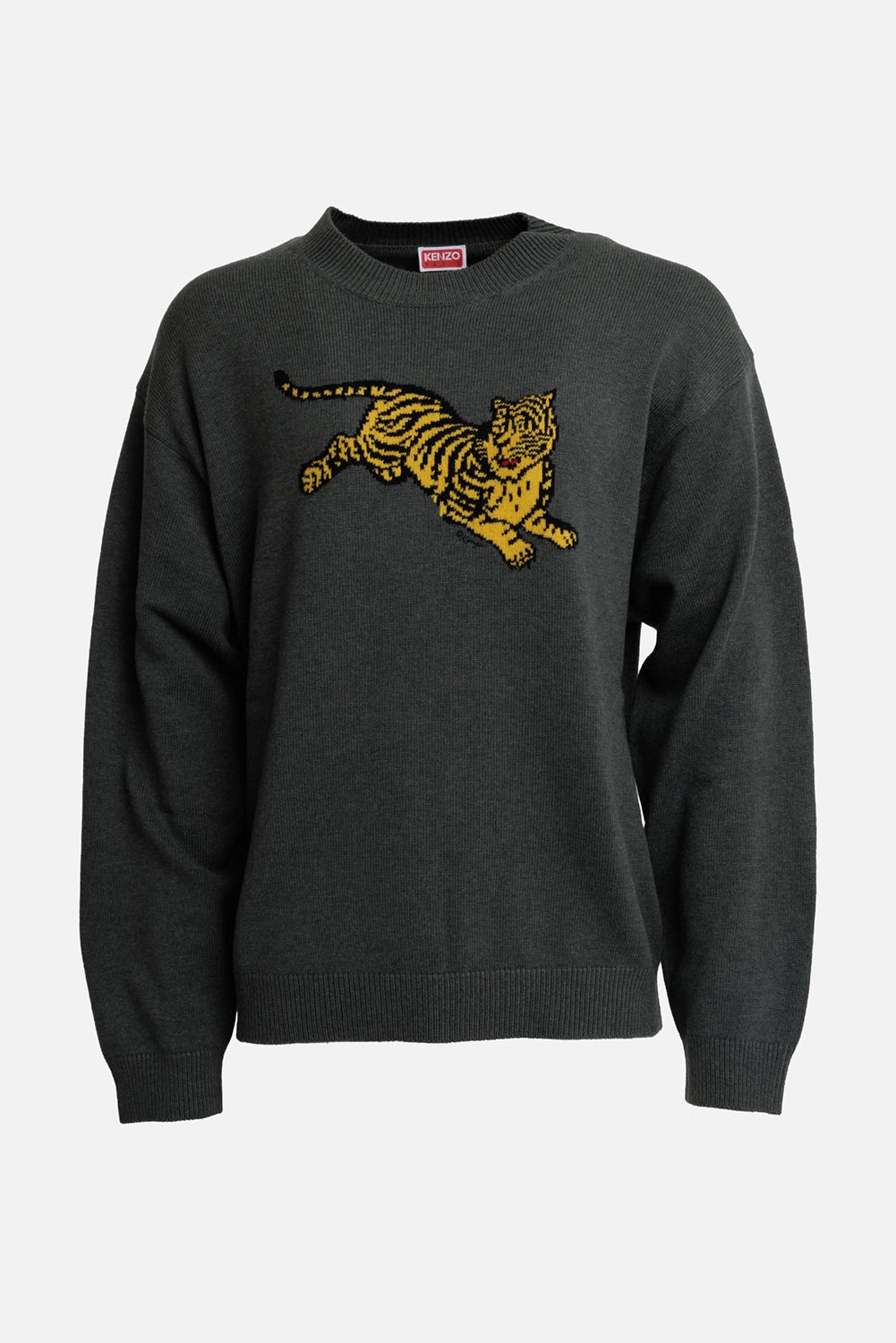 Kenzo men's dark khaki Jumping Tiger sweater, front view with yellow tiger intarsia and ribbed crew neck