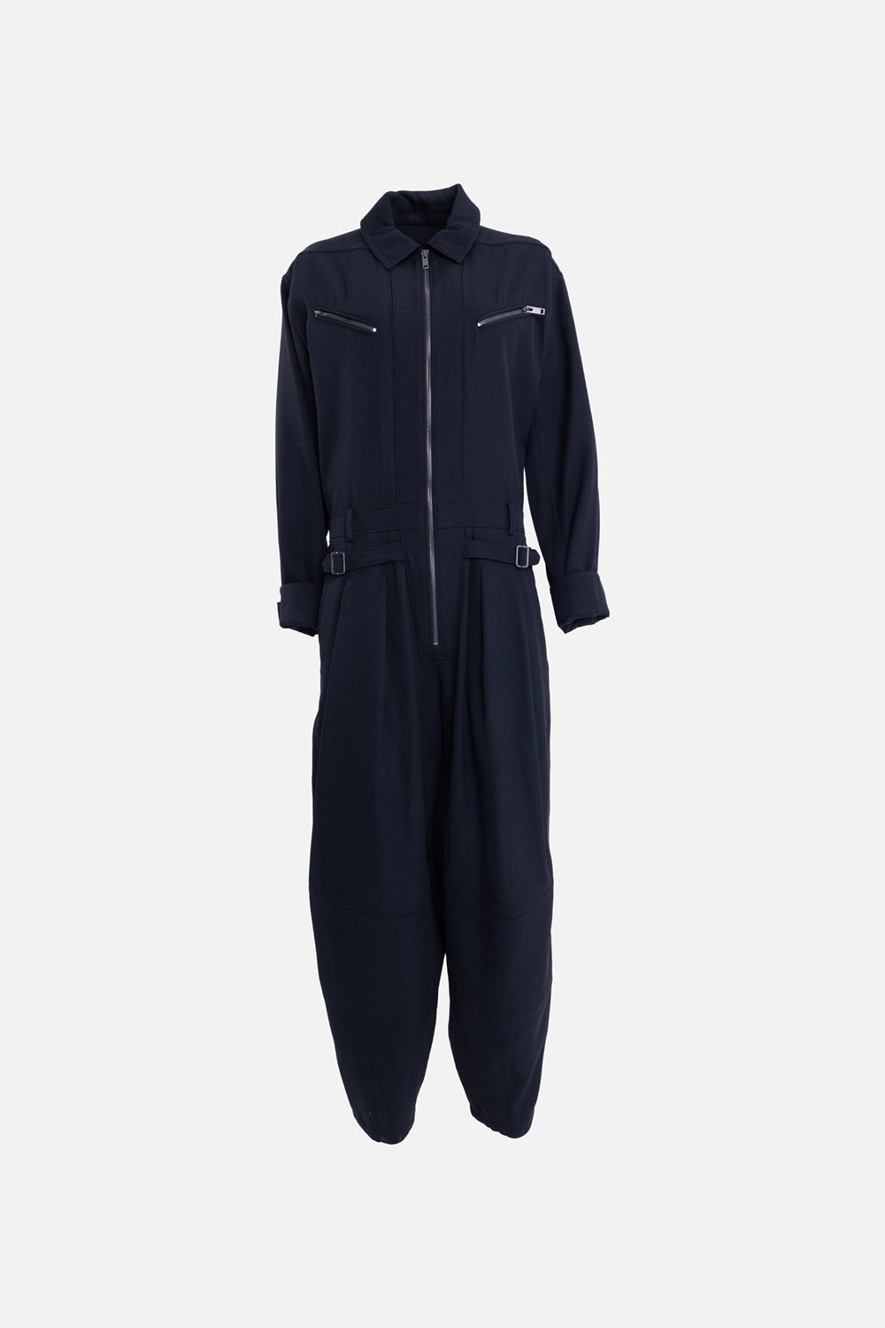 Pre-owned Givenchy women's jumpsuit in black, flat lay view, zip front and waist side tabs